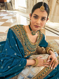Stunning Teal Blue Embroidered Vichitra Party Wear Salwar Suit