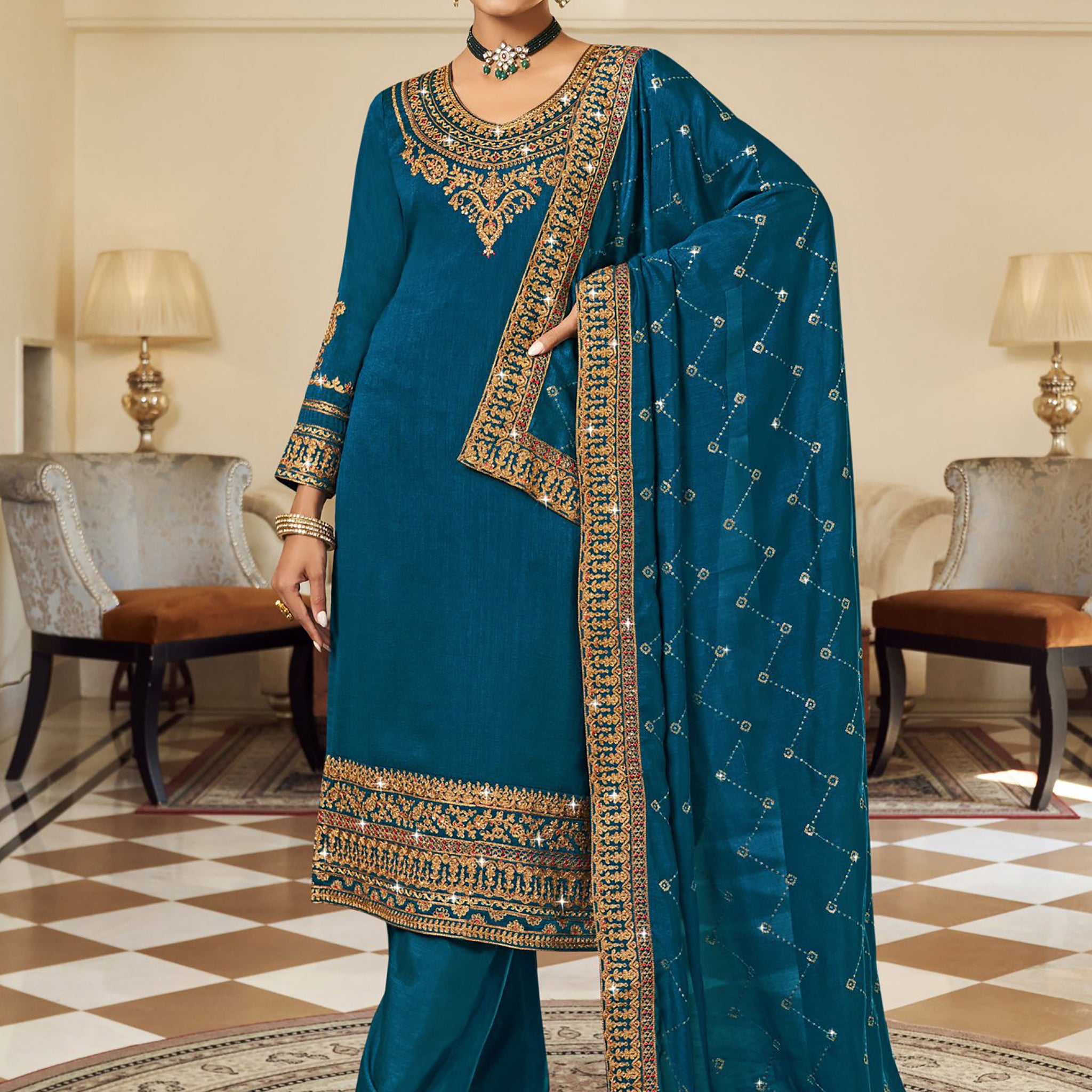 Stunning Teal Blue Embroidered Vichitra Party Wear Salwar Suit