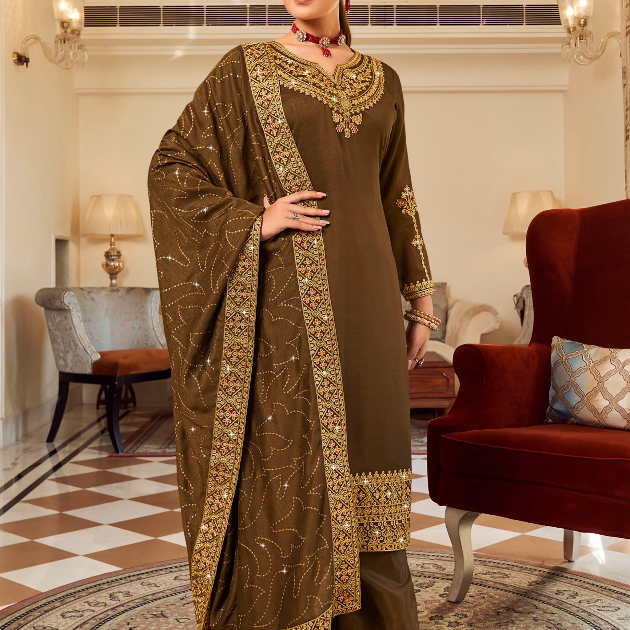 Attractive Mahendi Green Embroidered Vichitra Festival Wear Salwar Suit