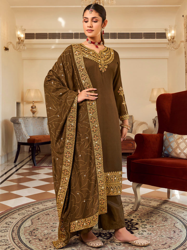 Attractive Mahendi Green Embroidered Vichitra Festival Wear Salwar Suit