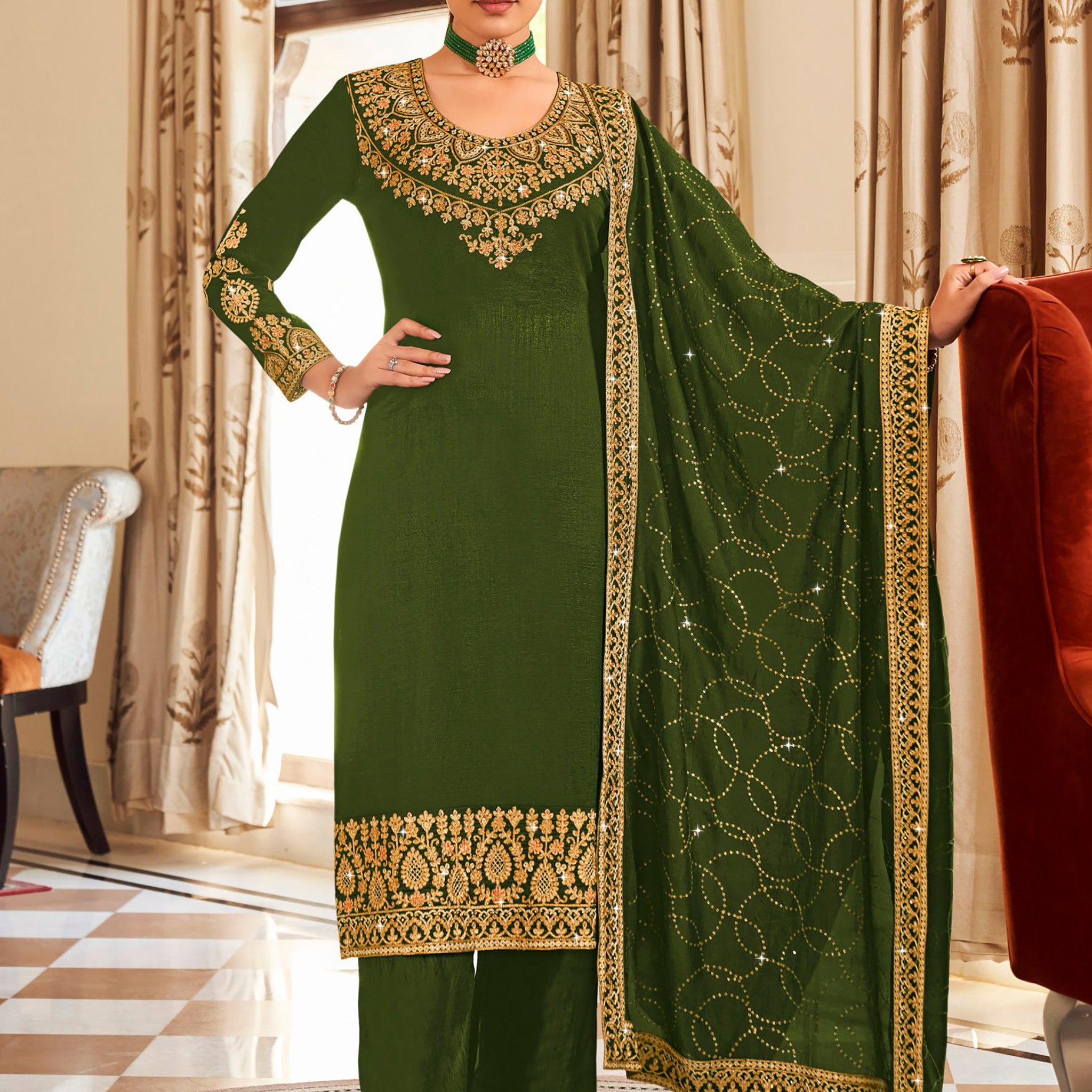 Ravishing Green Embroidered Vichitra Festival Wear Salwar Suit