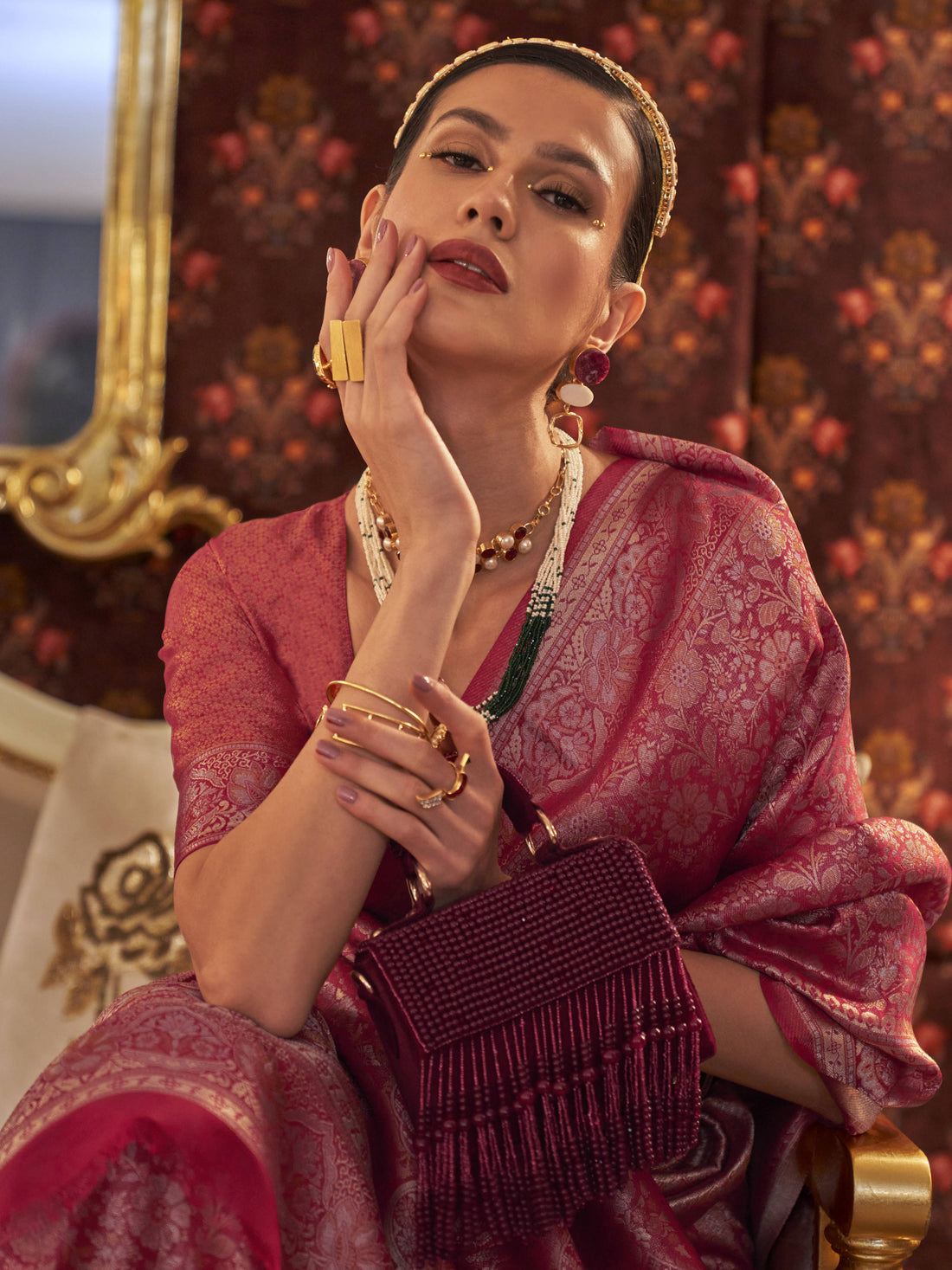 Outstanding Pink Woven Silk Reception Wear Saree With Blouse