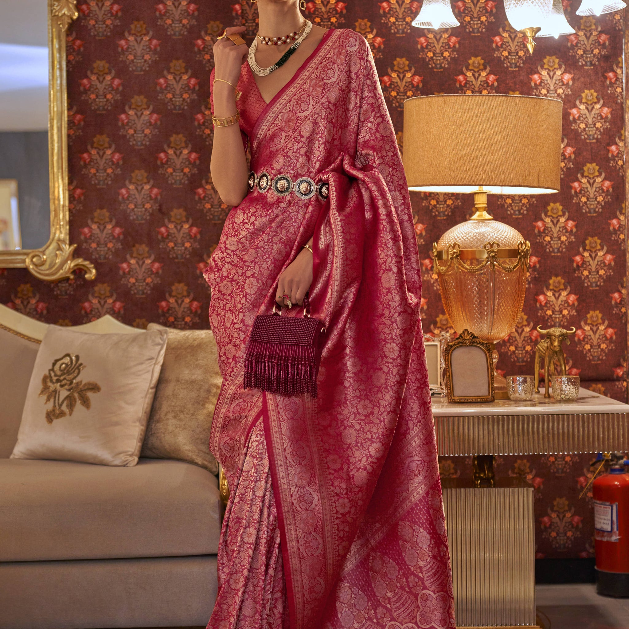 Outstanding Pink Woven Silk Reception Wear Saree With Blouse