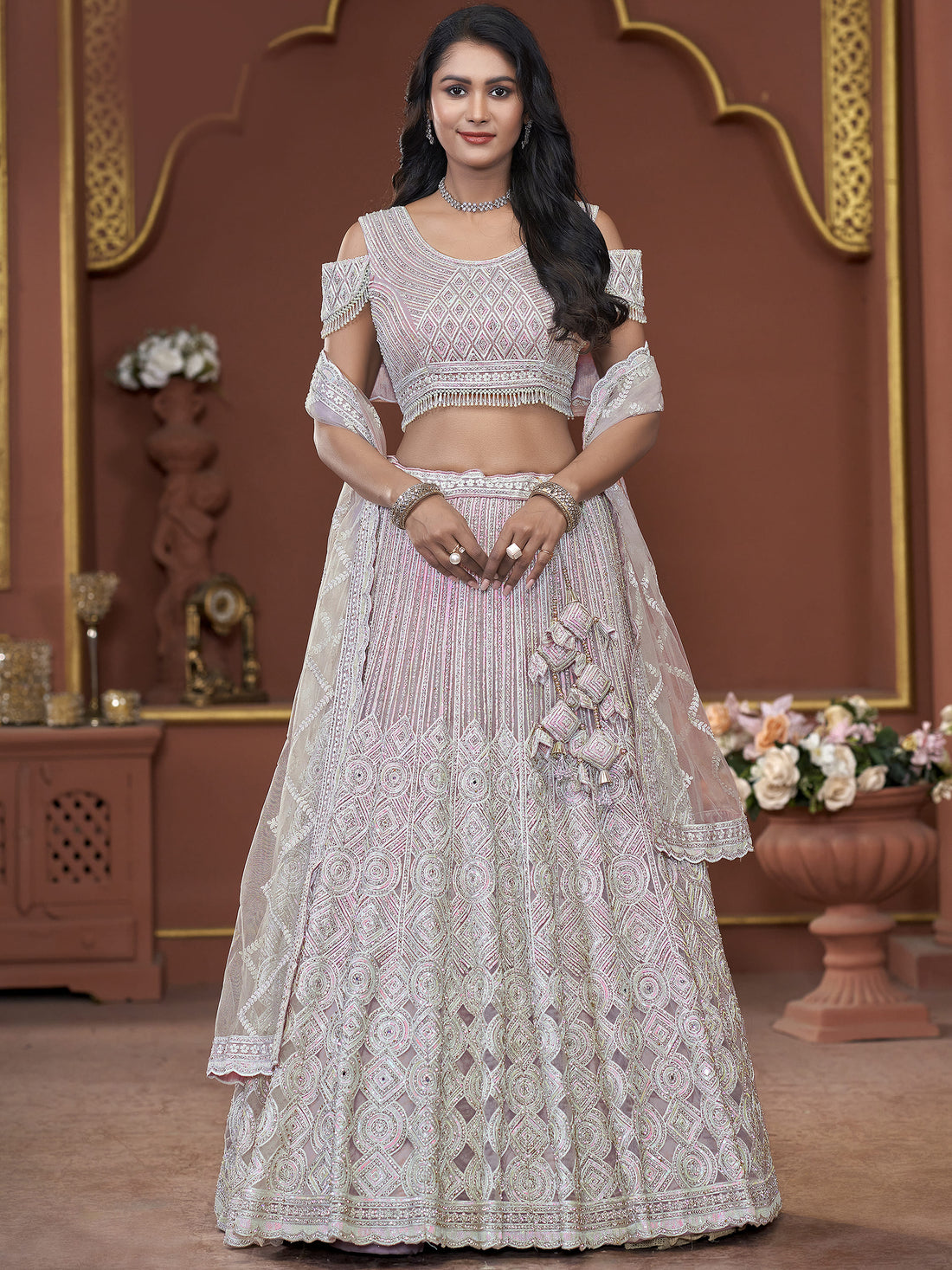 Incredible Pink Jarkan Work Net Engagement Wear Lehenga Choli