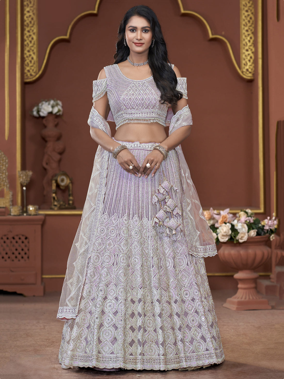 Beautiful Lavender Jarkan Work Net Bridesmaid Lehenga Choli