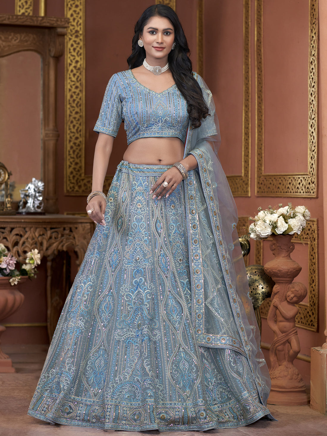 Awesome Sky-Blue Jarkan Work Net Engagement Wear Lehenga Choli