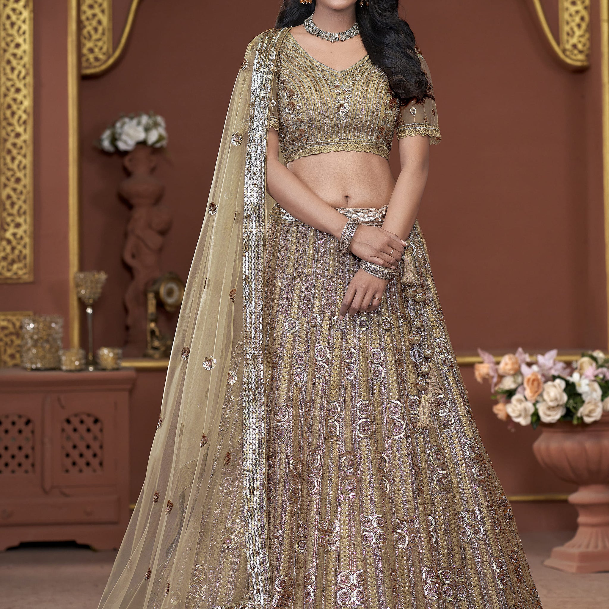 Amazing Golden Jarkan Work Net Wedding Lehenga Choli With Dupatta