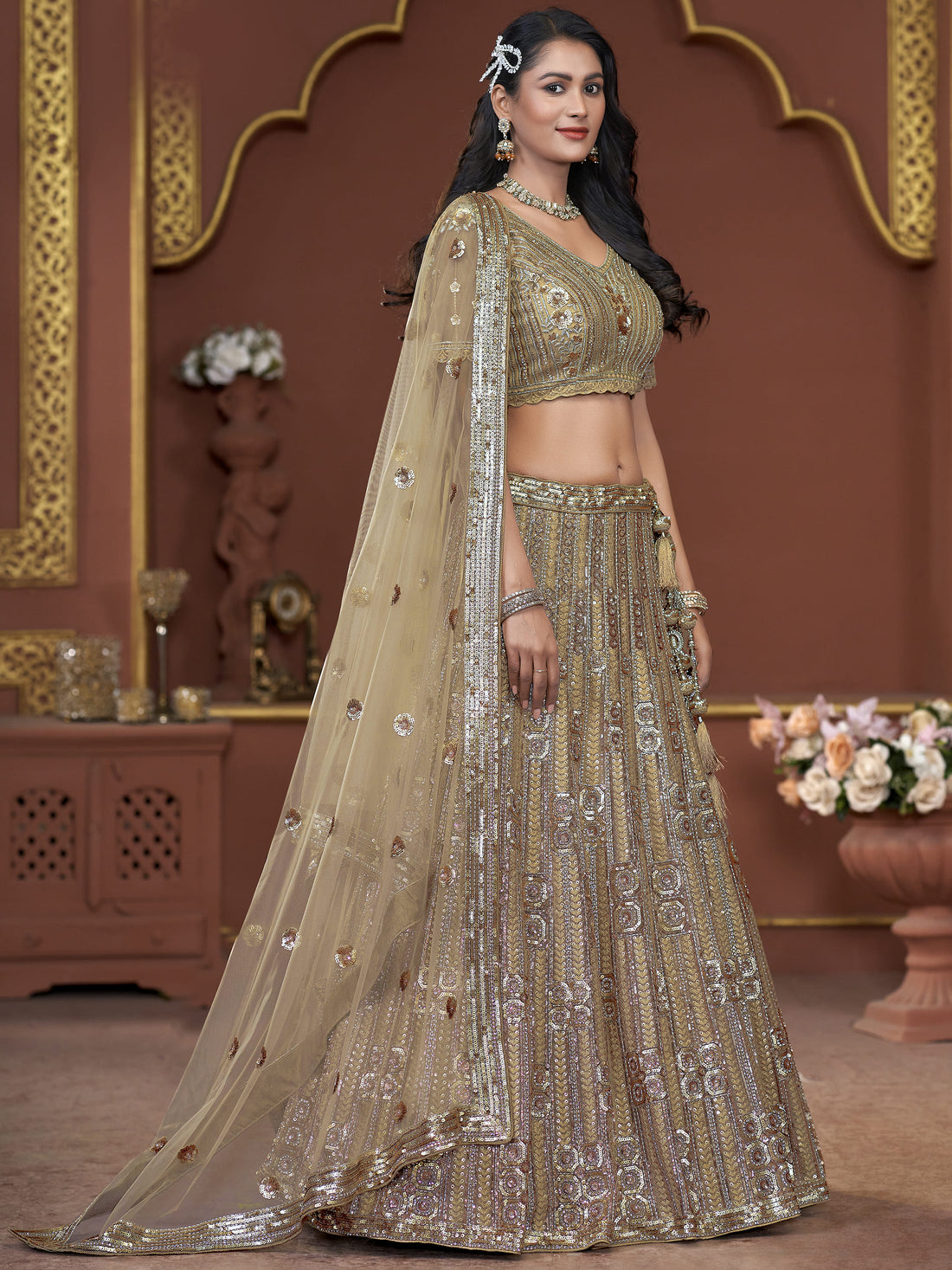 Amazing Golden Jarkan Work Net Wedding Lehenga Choli With Dupatta