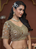 Amazing Golden Jarkan Work Net Wedding Lehenga Choli With Dupatta