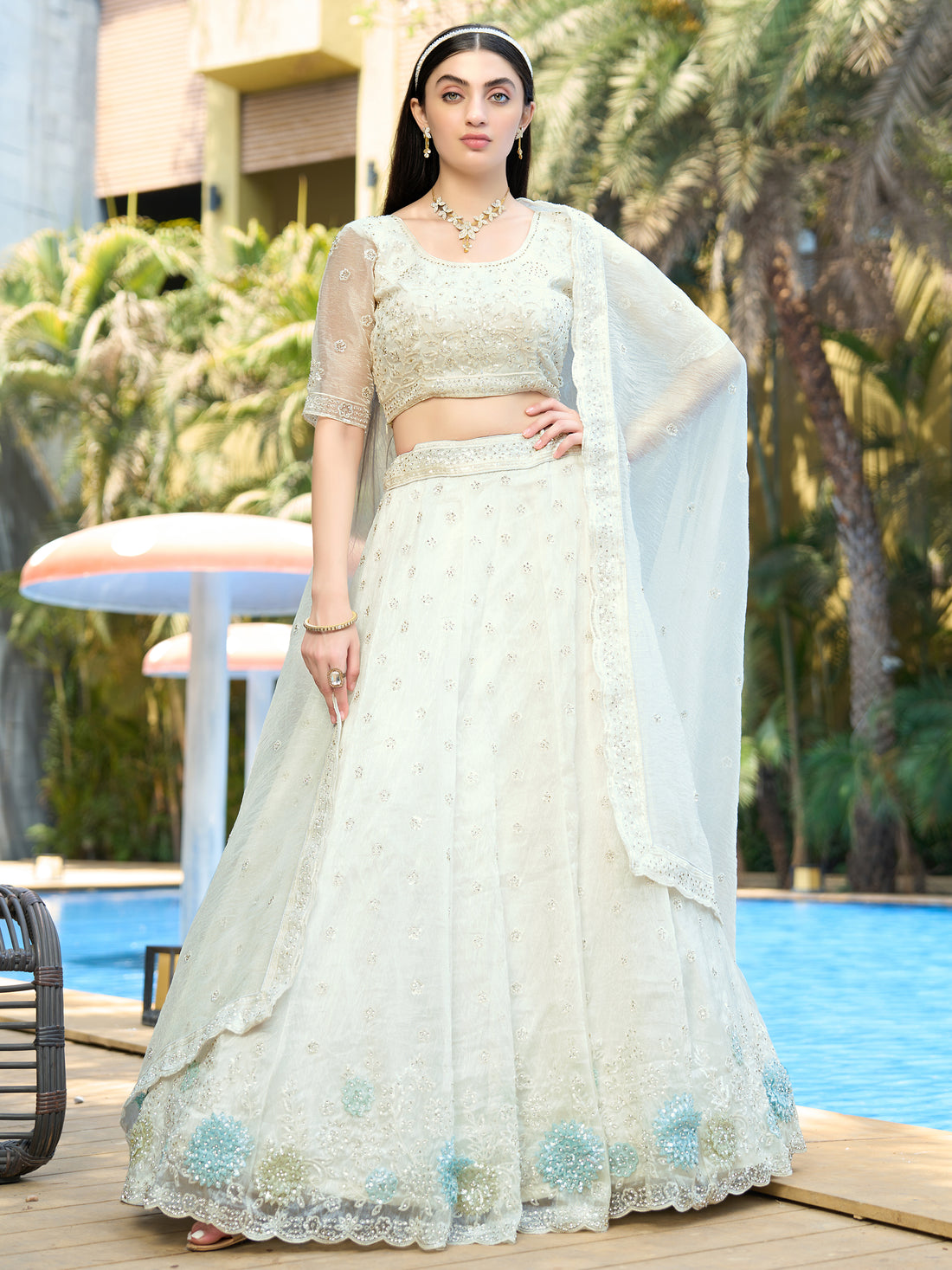 Adorable White Thread Work Organza Reception Wear Lehenga Choli