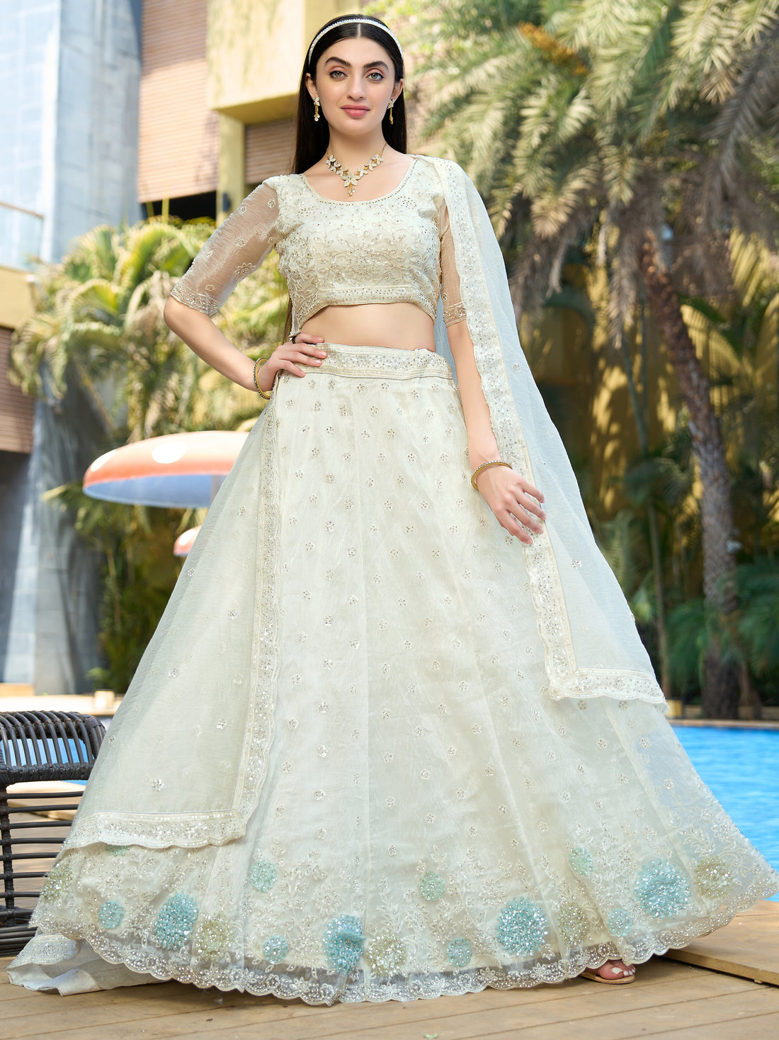 Adorable White Thread Work Organza Reception Wear Lehenga Choli