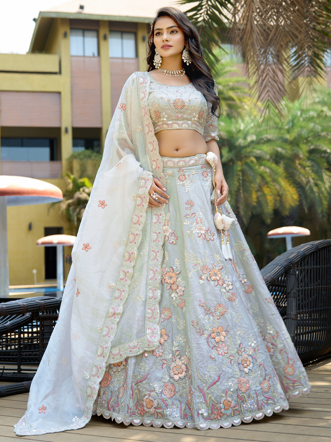 Lovely Light Grey Sequins Silk Bridesmaid Lehenga Choli With Dupatta