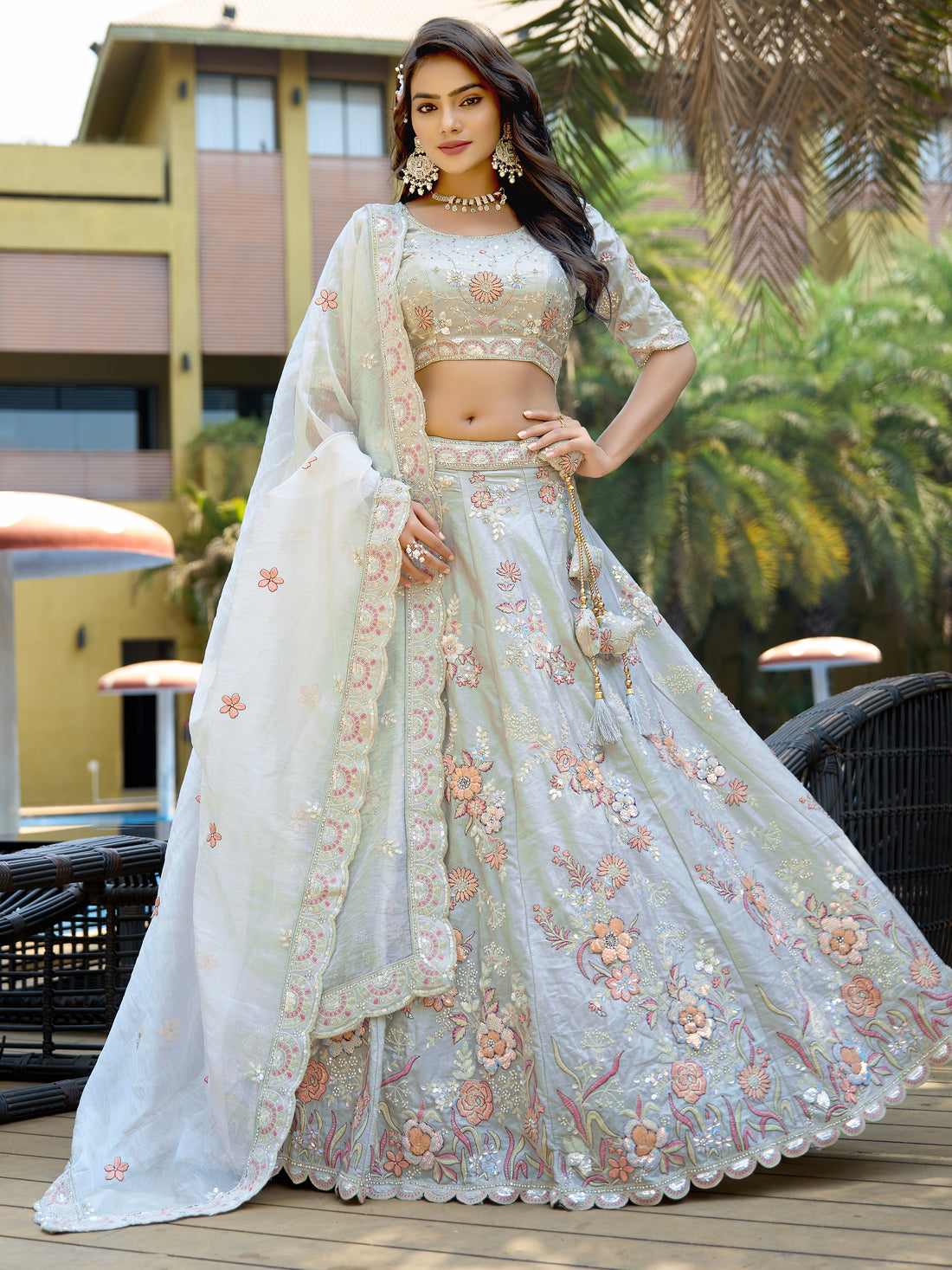 Lovely Light Grey Sequins Silk Bridesmaid Lehenga Choli With Dupatta