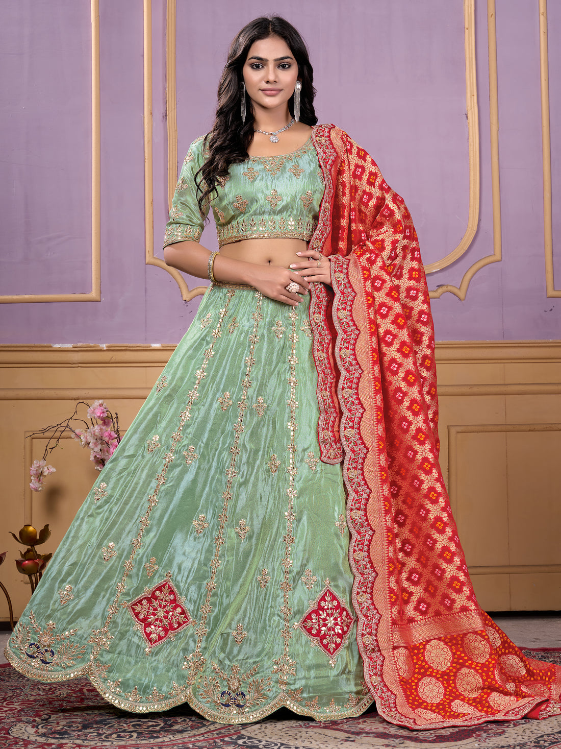 Glamorous Pista Green Embroidered Viscose Wedding Lehenga Choli 