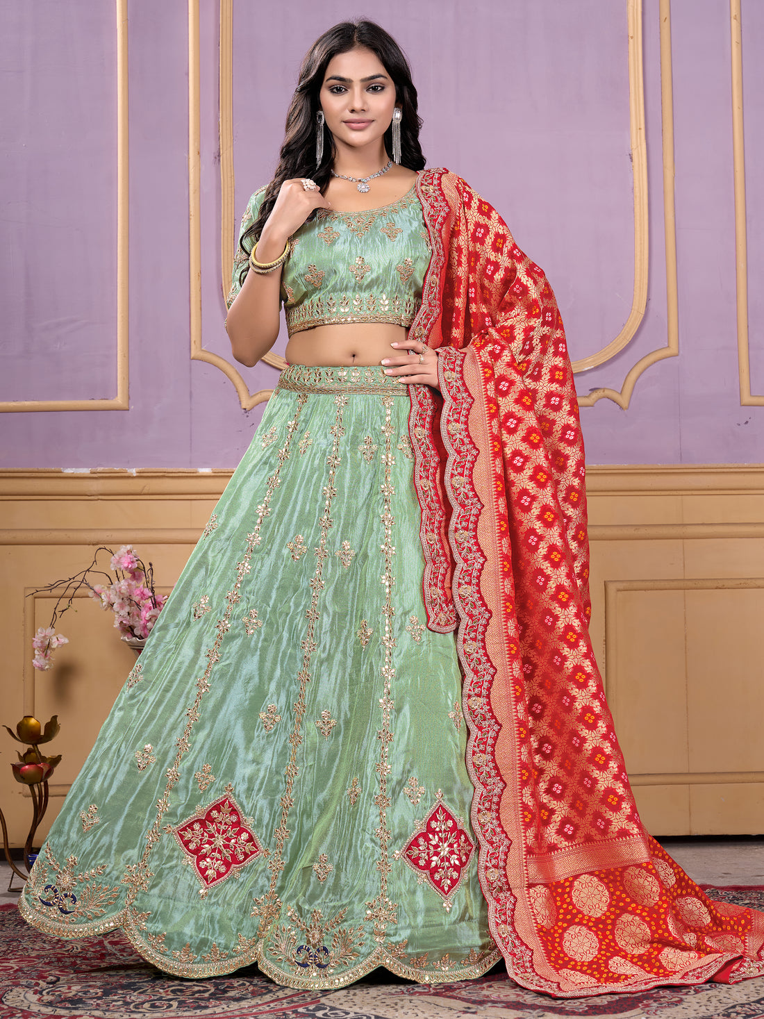 Glamorous Pista Green Embroidered Viscose Wedding Lehenga Choli 