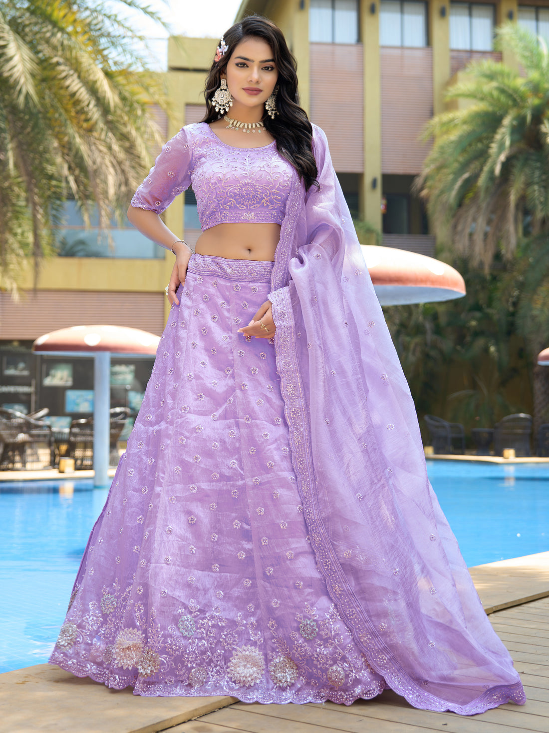 Lavish Lavender Thread Work Organza Bridesmaid Lehenga Choli