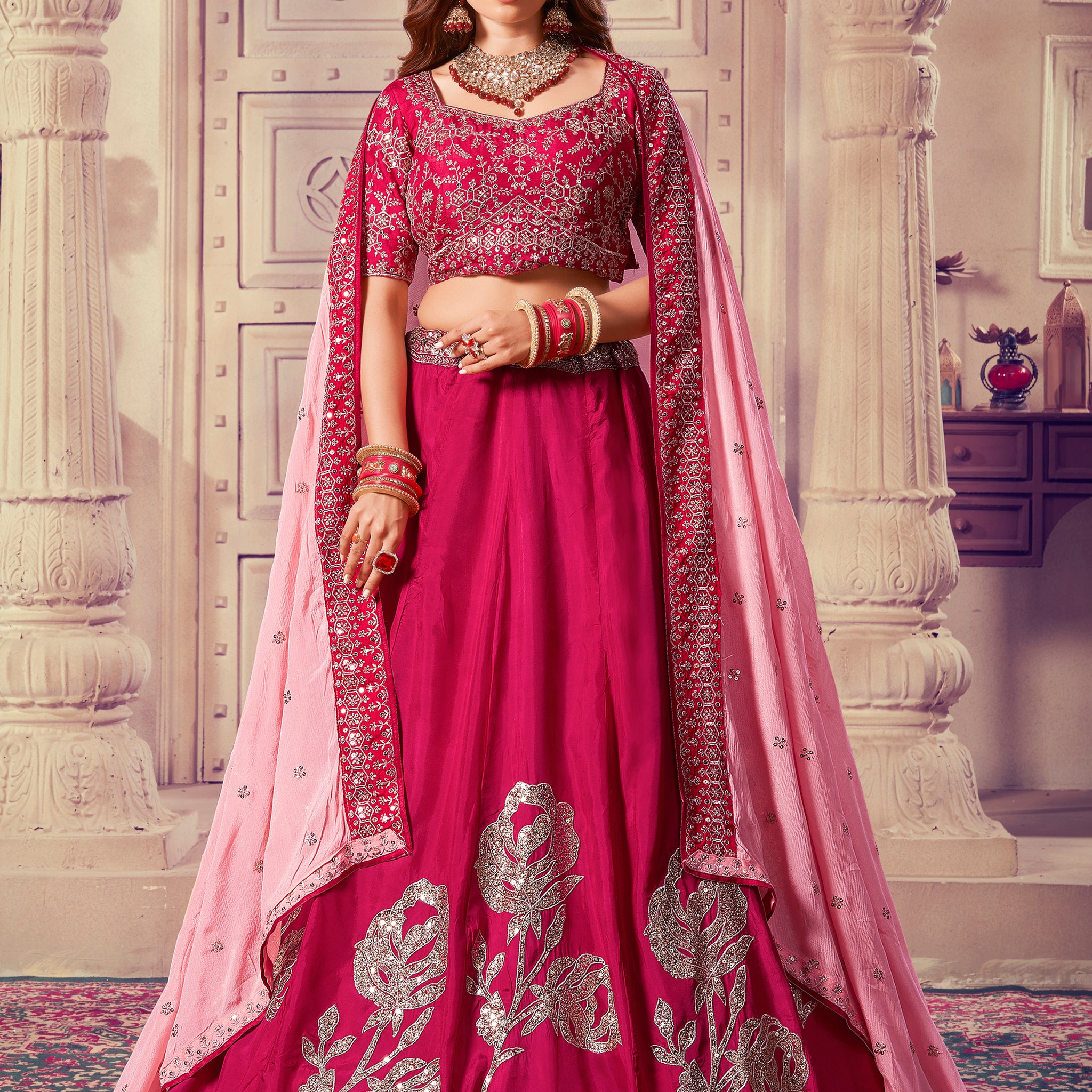 Beautiful Pink Sequins Silk Bridesmaid Lehenga Choli With Dupatta