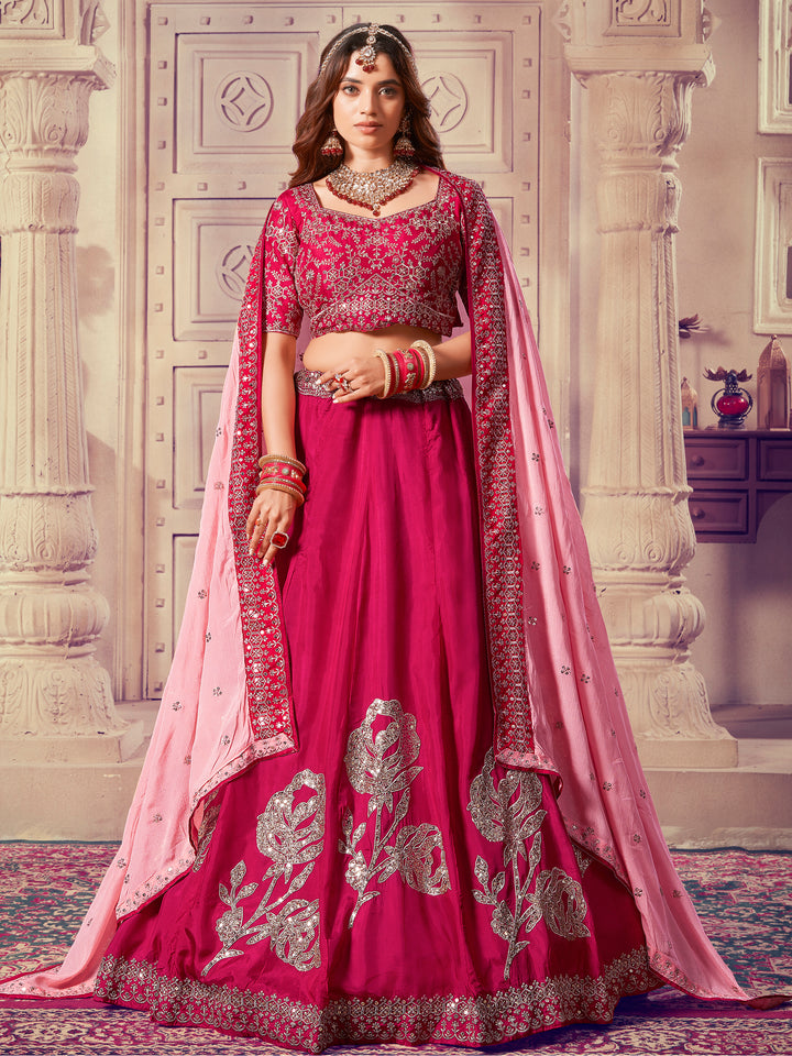 Beautiful Pink Sequins Silk Bridesmaid Lehenga Choli With Dupatta
