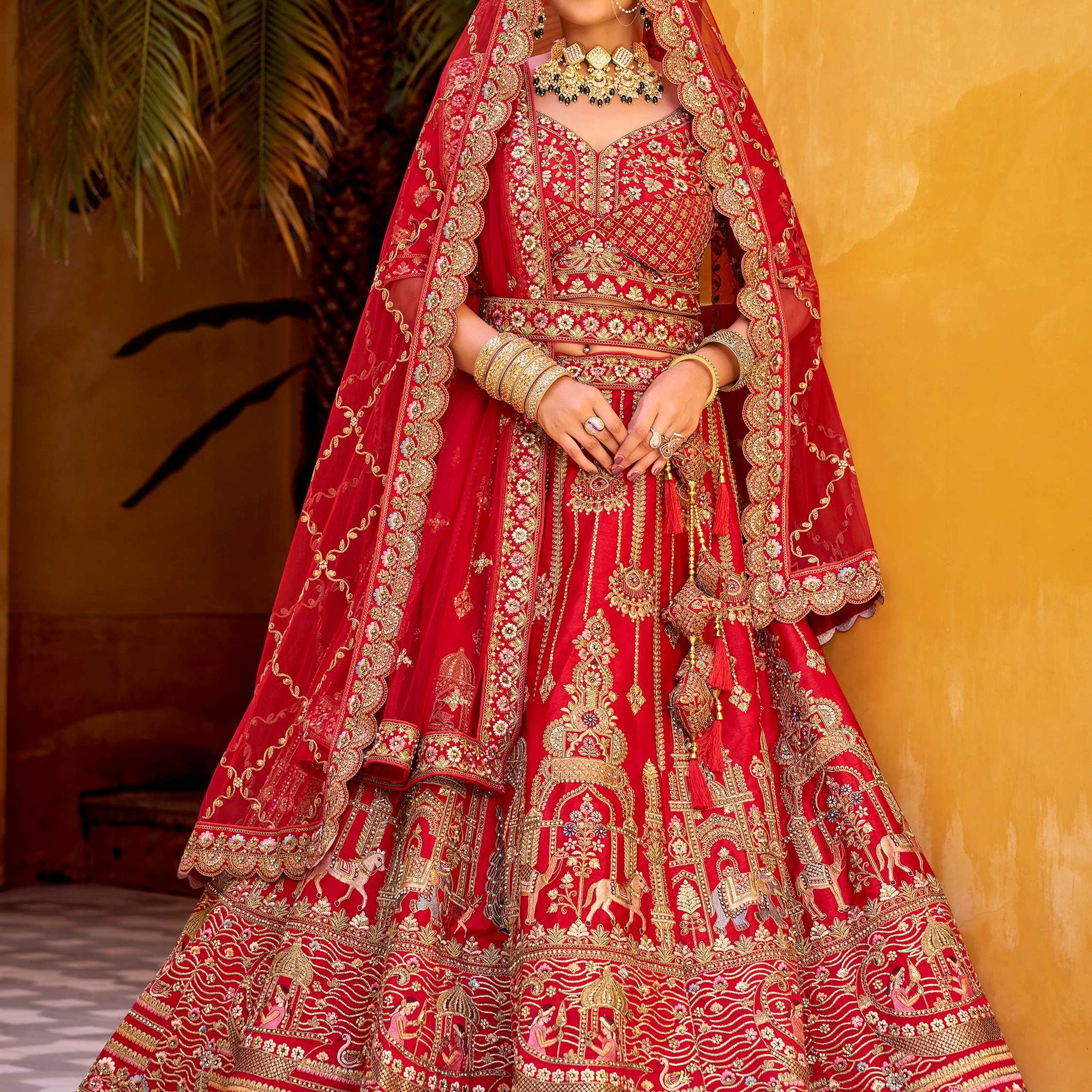 Lovely Red Hand Work Silk Bridal Lehenga Choli With Double Dupatta