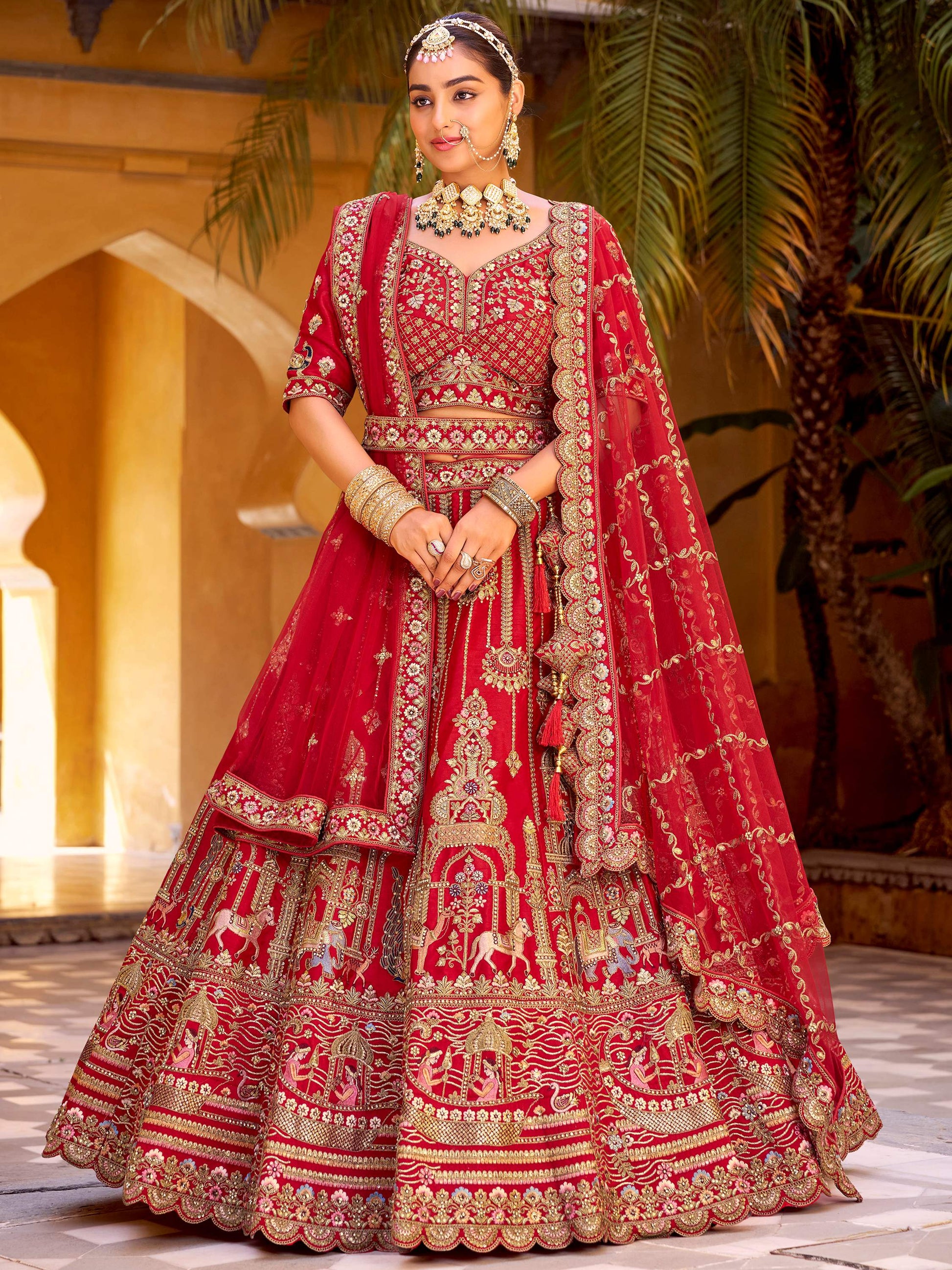 Lovely Red Hand Work Silk Bridal Lehenga Choli With Double Dupatta