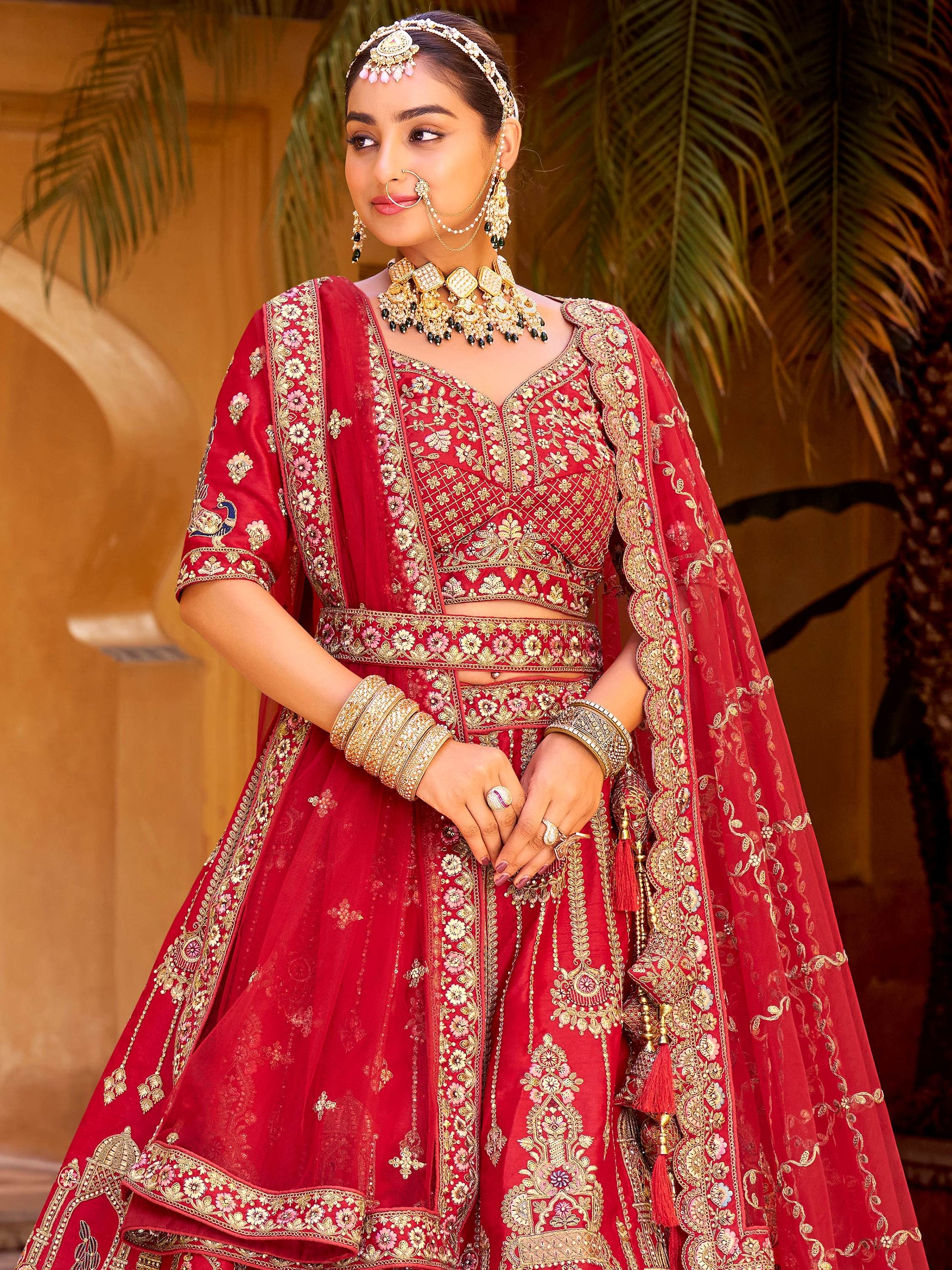 Lovely Red Hand Work Silk Bridal Lehenga Choli With Double Dupatta