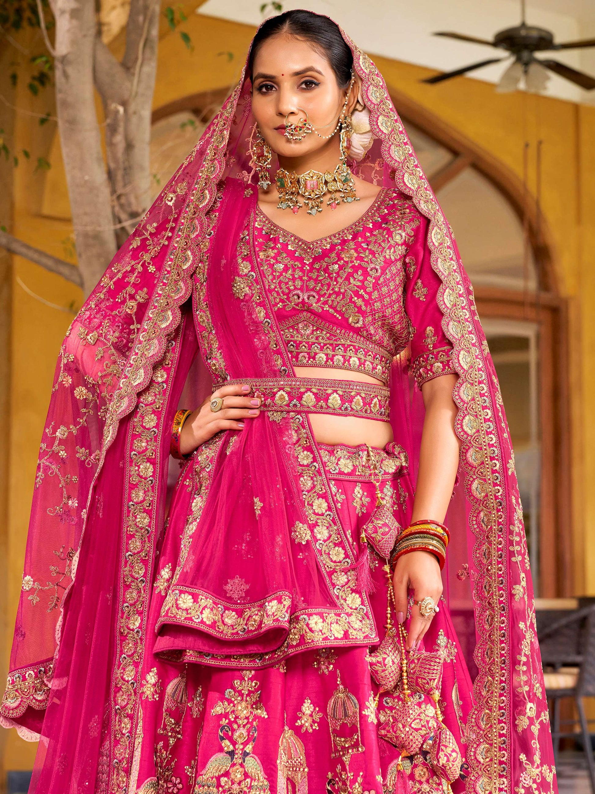 Classic Rani Pink Zarkan Embroidery Silk Bridal Lehenga Choli With Double Dupatta