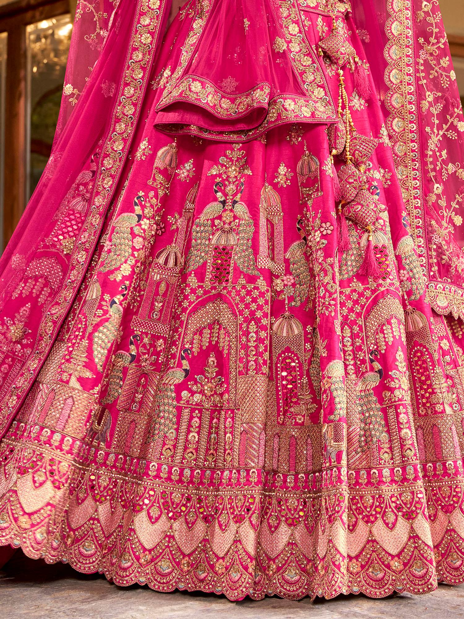 Classic Rani Pink Zarkan Embroidery Silk Bridal Lehenga Choli With Double Dupatta