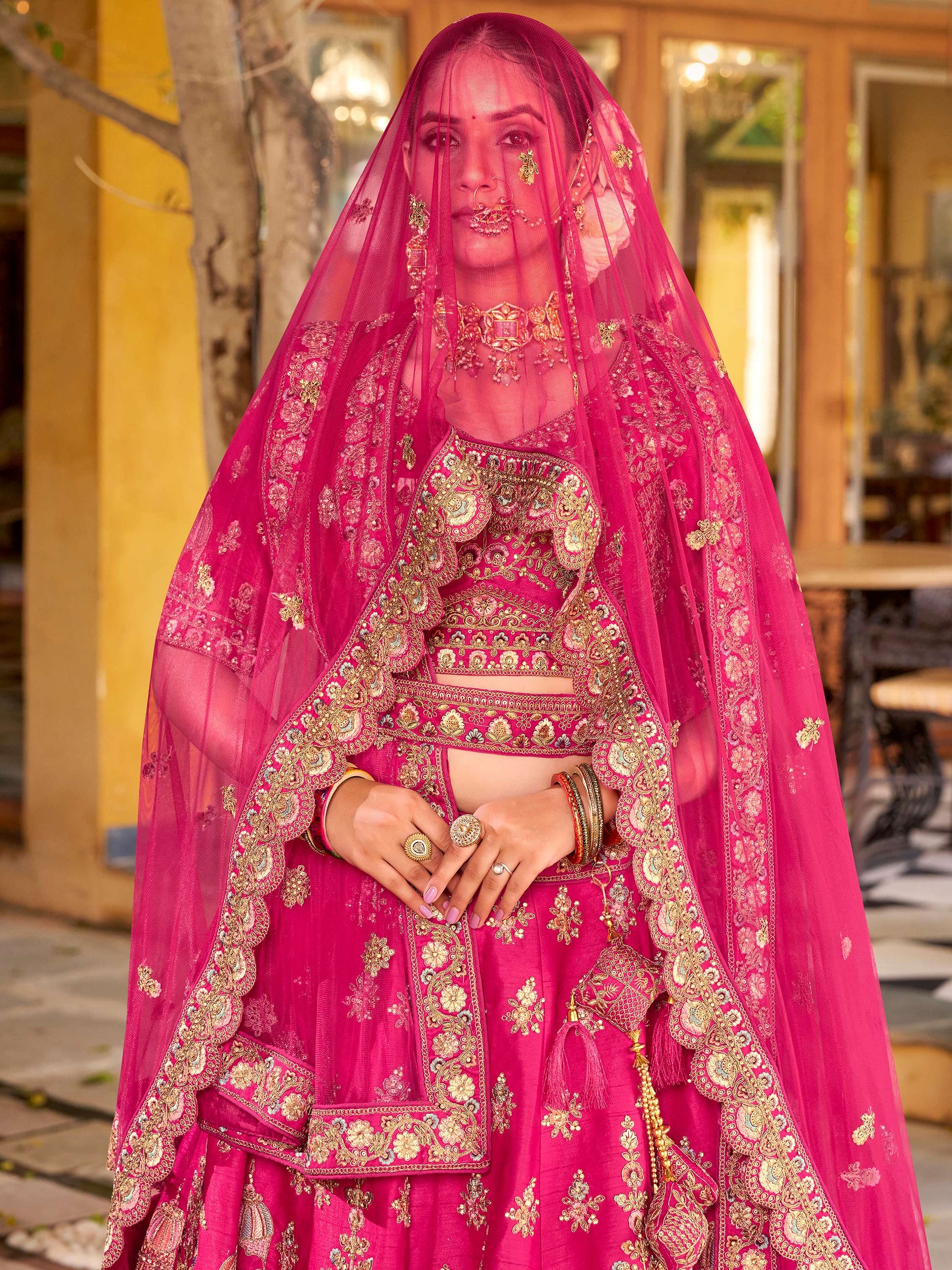 Classic Rani Pink Zarkan Embroidery Silk Bridal Lehenga Choli With Double Dupatta