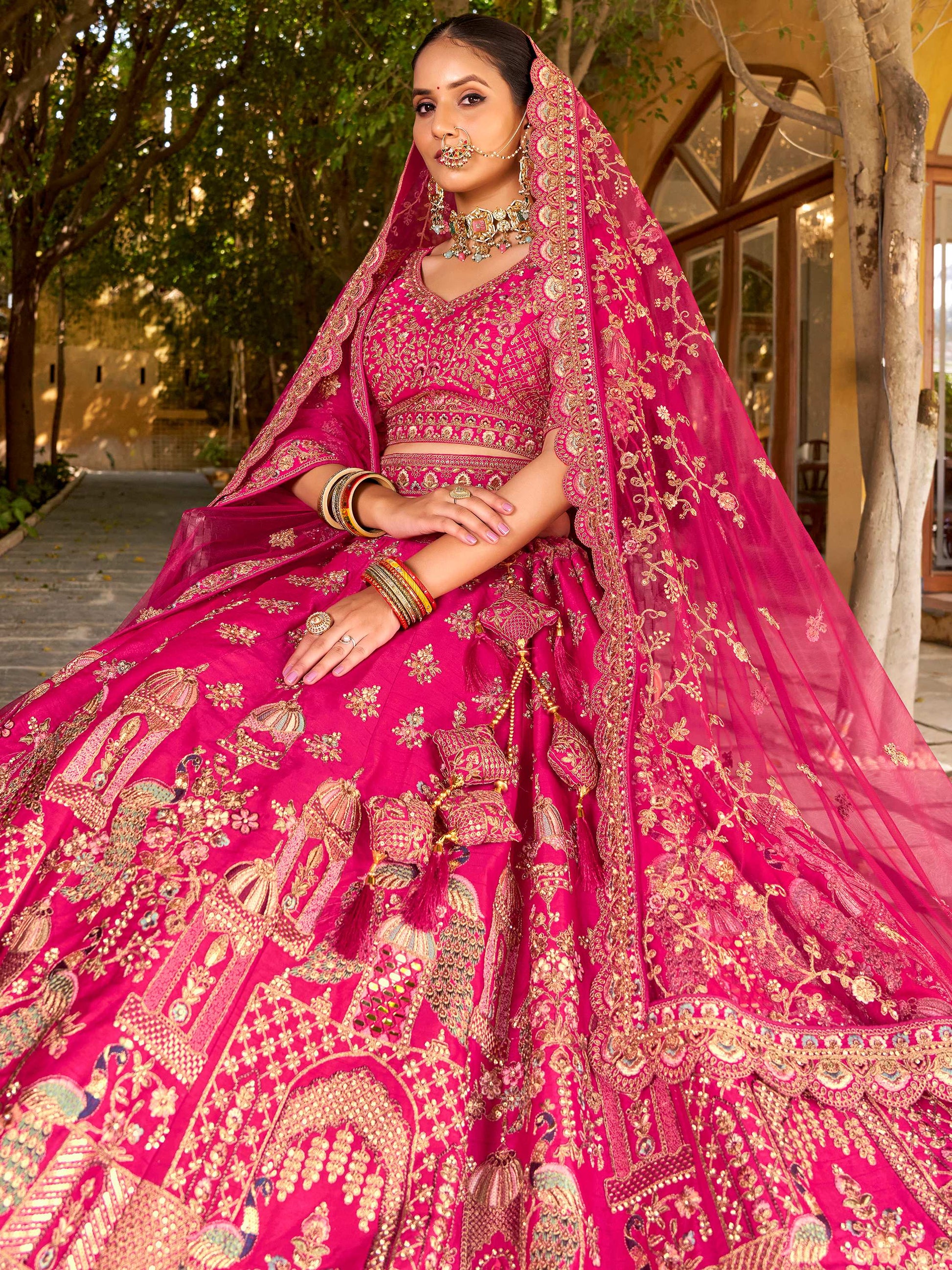 Classic Rani Pink Zarkan Embroidery Silk Bridal Lehenga Choli With Double Dupatta