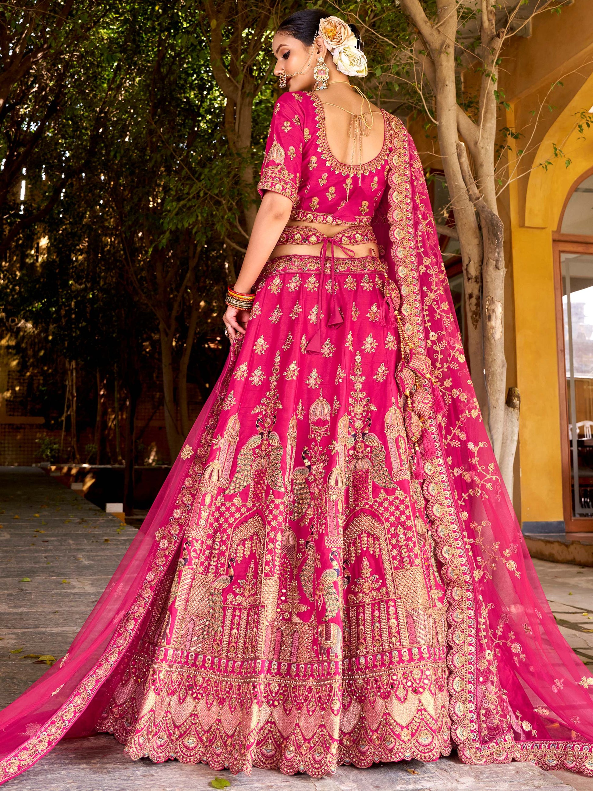 Classic Rani Pink Zarkan Embroidery Silk Bridal Lehenga Choli With Double Dupatta