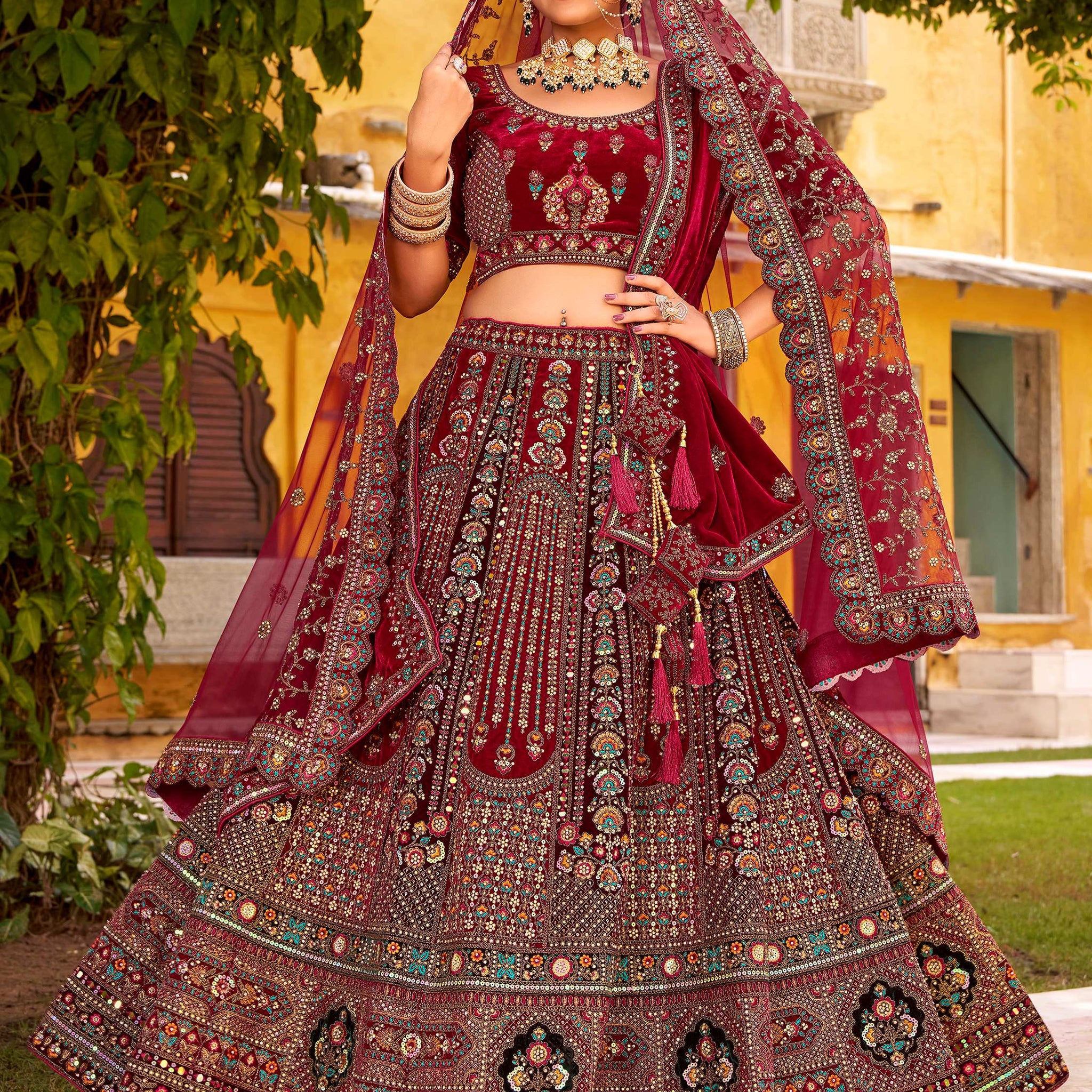Grand Maroon Hand Embroidery Velvet Bridal Lehenga Choli With Double Dupatta