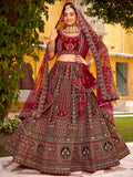 Grand Maroon Hand Embroidery Velvet Bridal Lehenga Choli With Double Dupatta