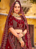 Grand Maroon Hand Embroidery Velvet Bridal Lehenga Choli With Double Dupatta