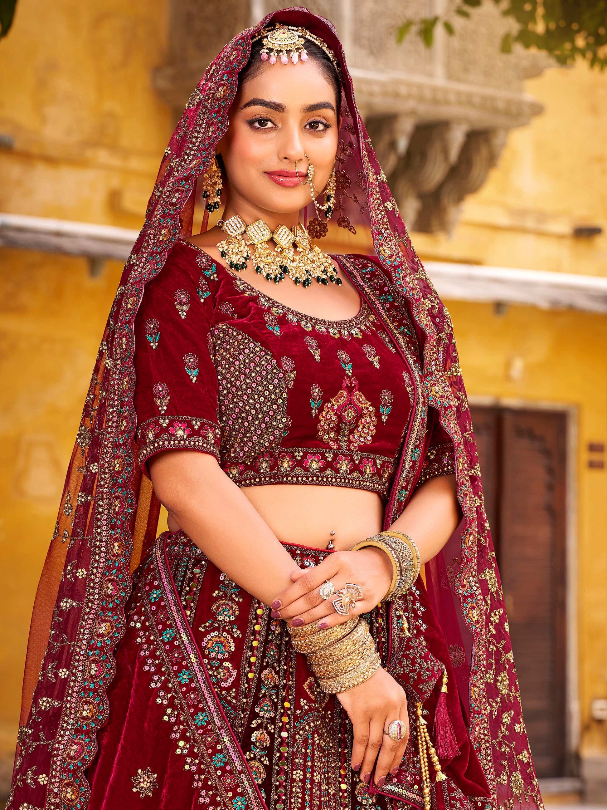 Grand Maroon Hand Embroidery Velvet Bridal Lehenga Choli With Double Dupatta