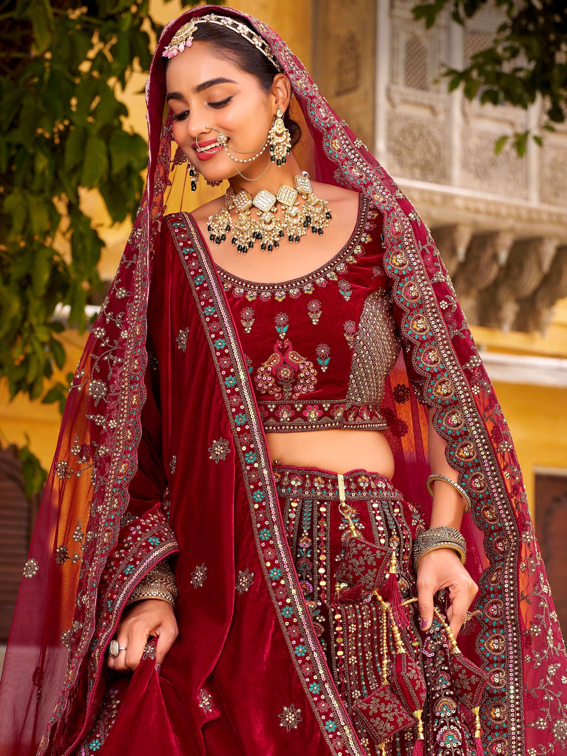 Grand Maroon Hand Embroidery Velvet Bridal Lehenga Choli With Double Dupatta