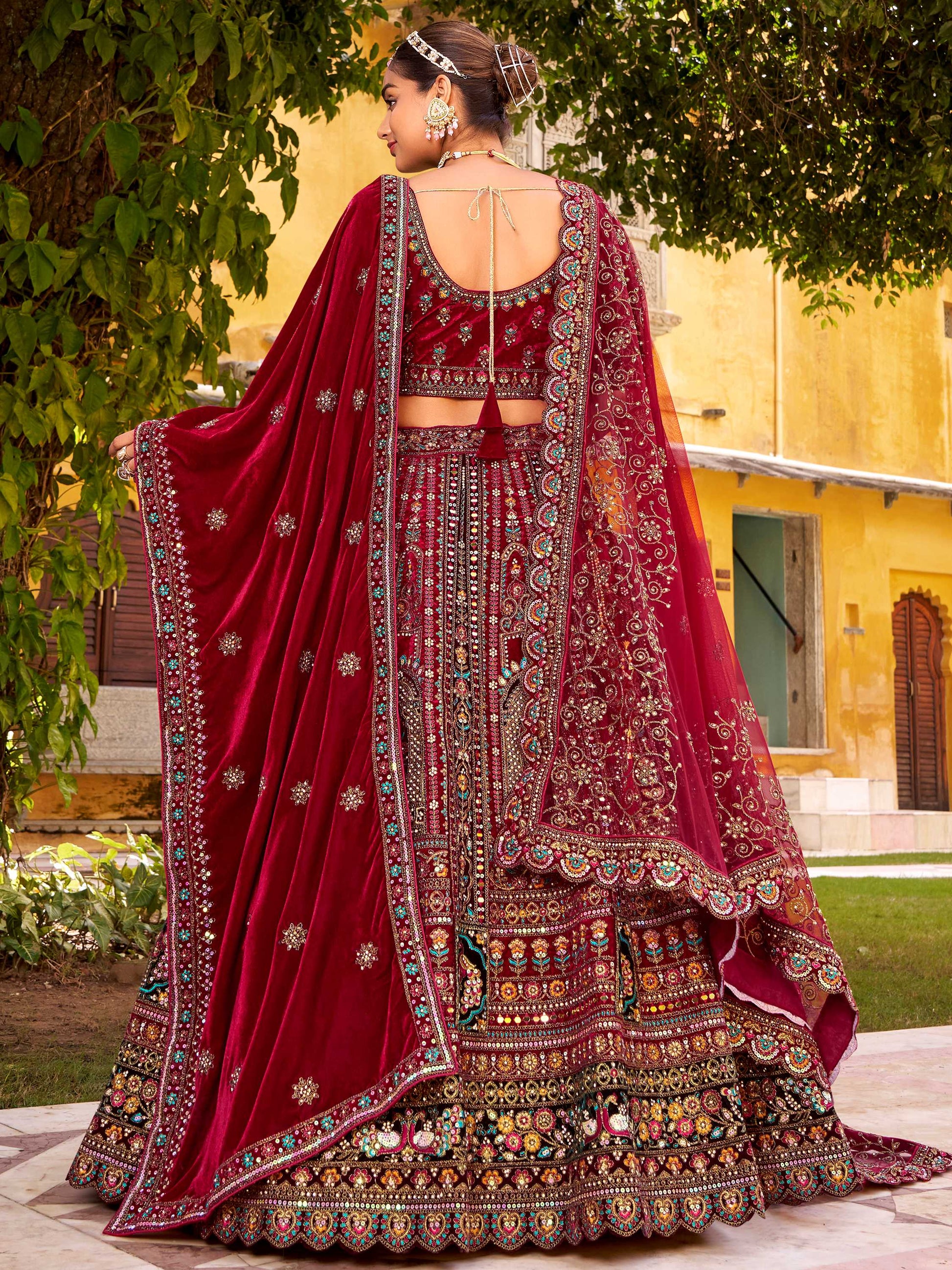 Dreamy Maroon Thread Embroidery Velvet Bridal Lehenga Choli With Double Dupatta