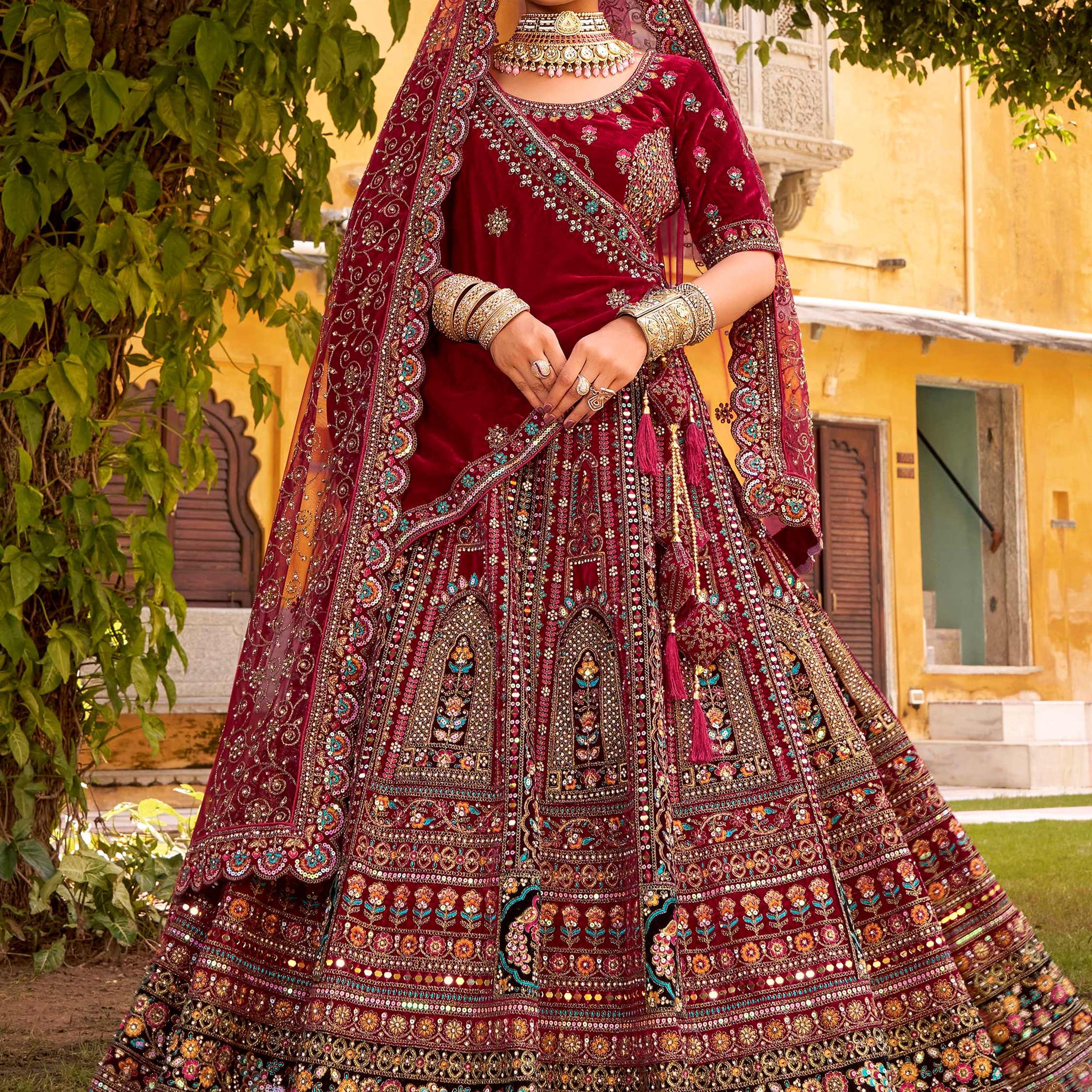 Dreamy Maroon Thread Embroidery Velvet Bridal Lehenga Choli With Double Dupatta