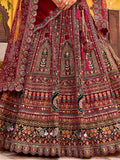 Dreamy Maroon Thread Embroidery Velvet Bridal Lehenga Choli With Double Dupatta