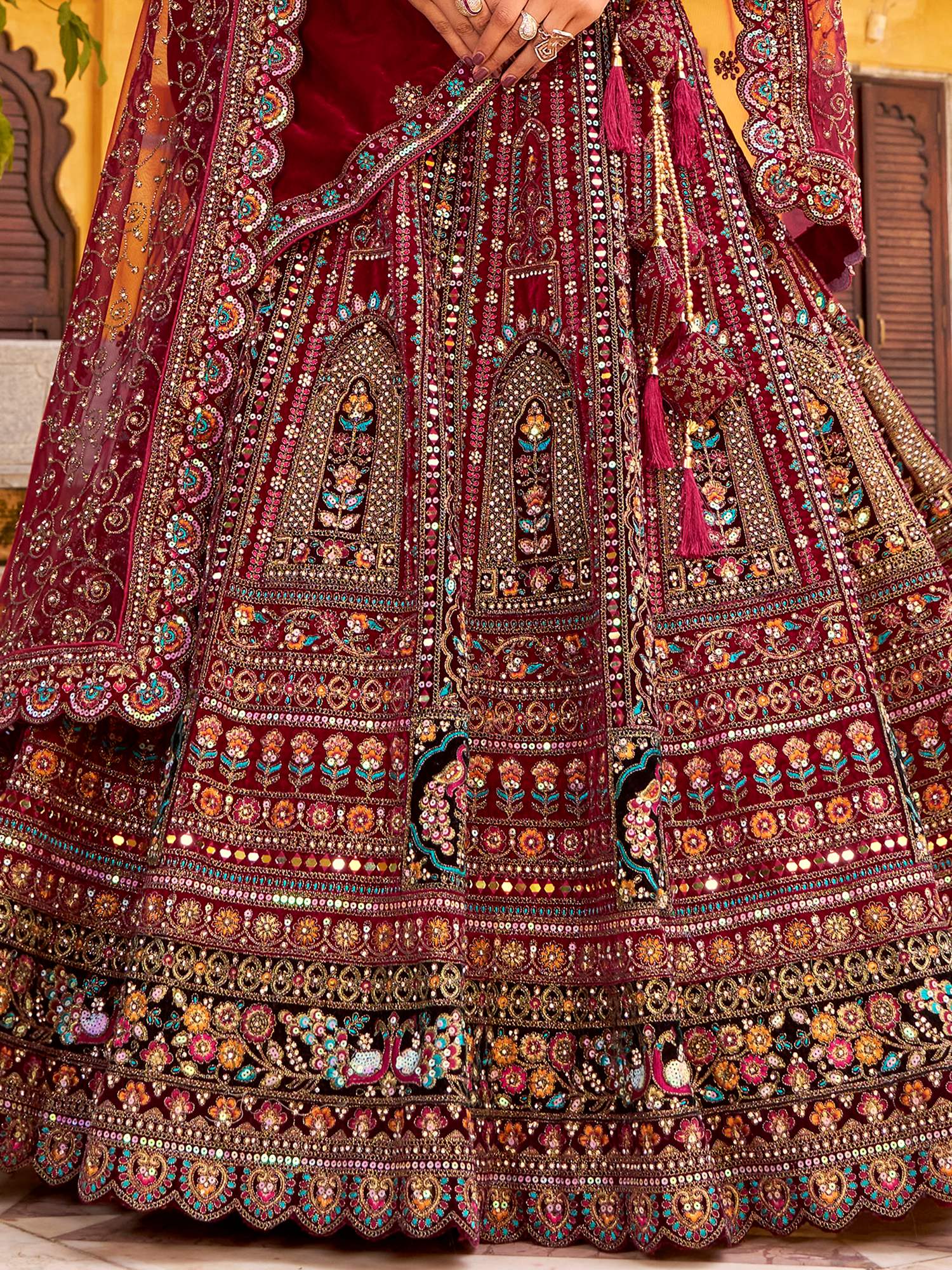 Dreamy Maroon Thread Embroidery Velvet Bridal Lehenga Choli With Double Dupatta