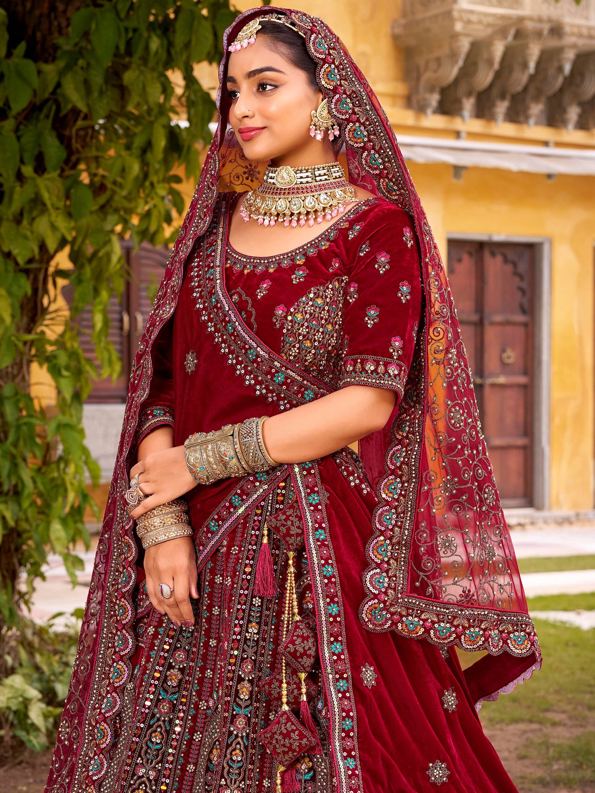 Dreamy Maroon Thread Embroidery Velvet Bridal Lehenga Choli With Double Dupatta