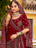 Dreamy Maroon Thread Embroidery Velvet Bridal Lehenga Choli With Double Dupatta