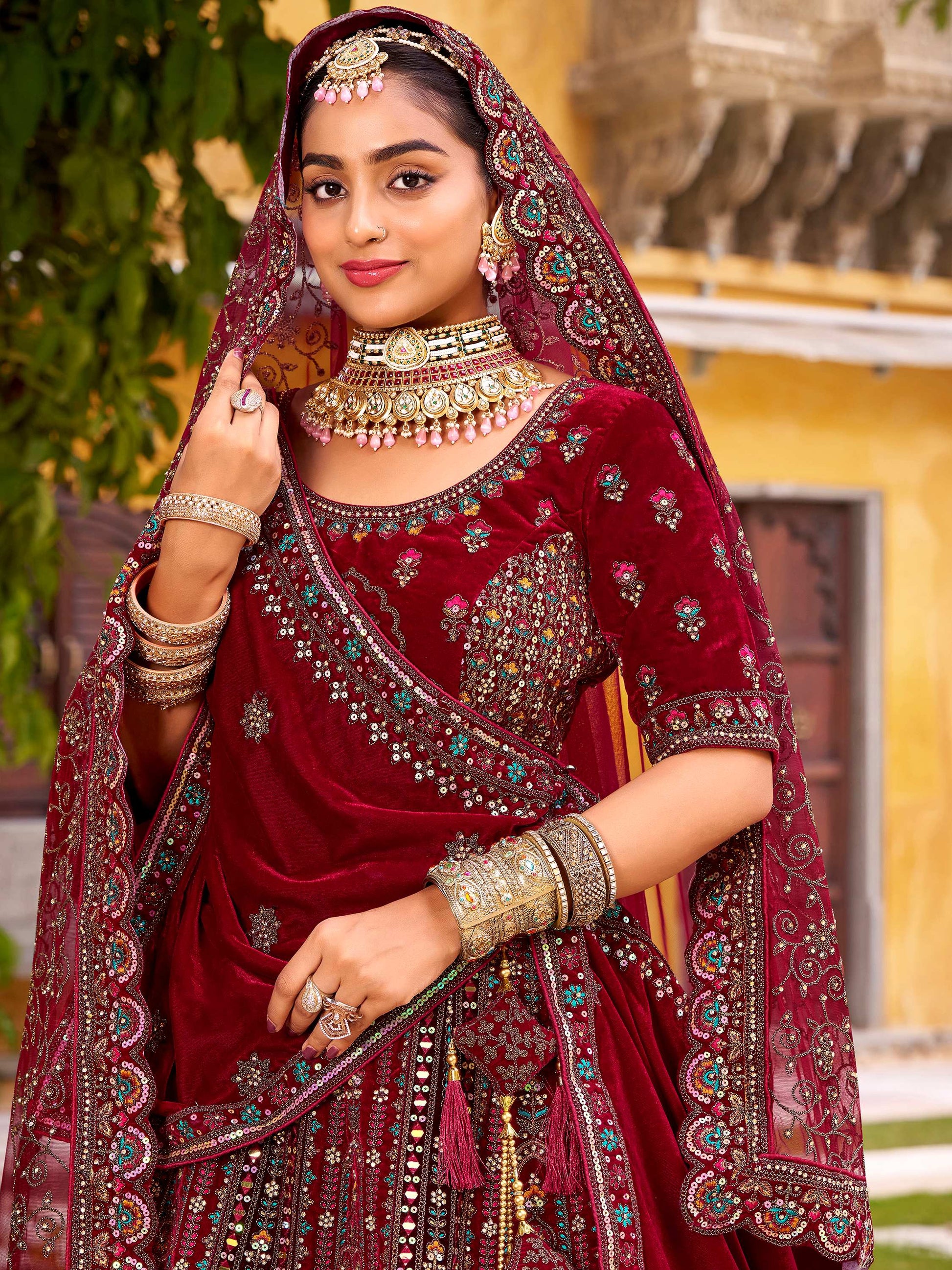 Dreamy Maroon Thread Embroidery Velvet Bridal Lehenga Choli With Double Dupatta
