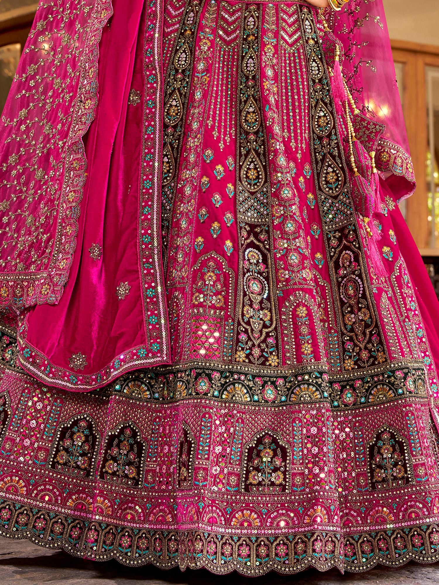 Amazing Rani Pink Floral Embroidery Velvet Bridal Lehenga Choli With Double Dupatta
