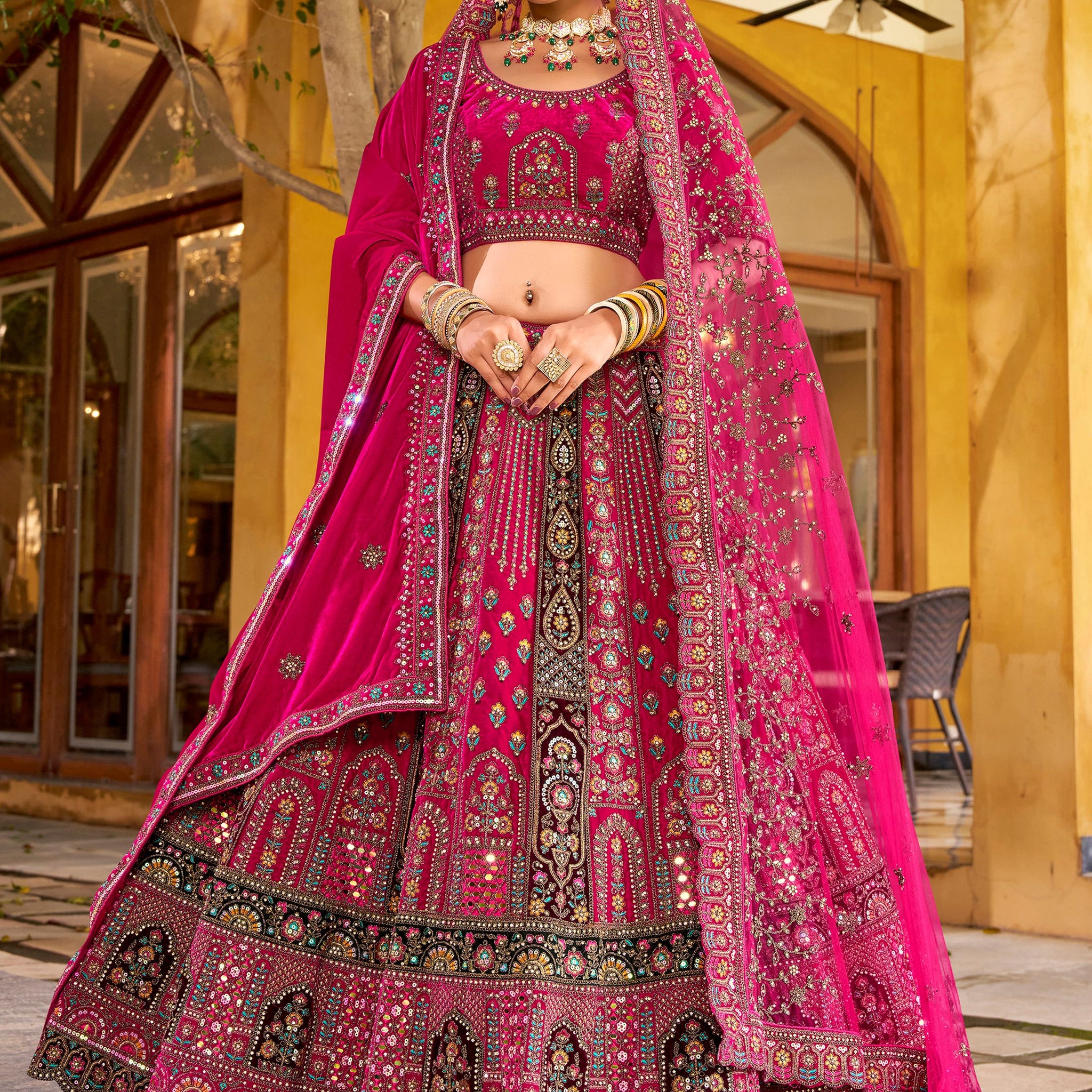 Amazing Rani Pink Floral Embroidery Velvet Bridal Lehenga Choli With Double Dupatta