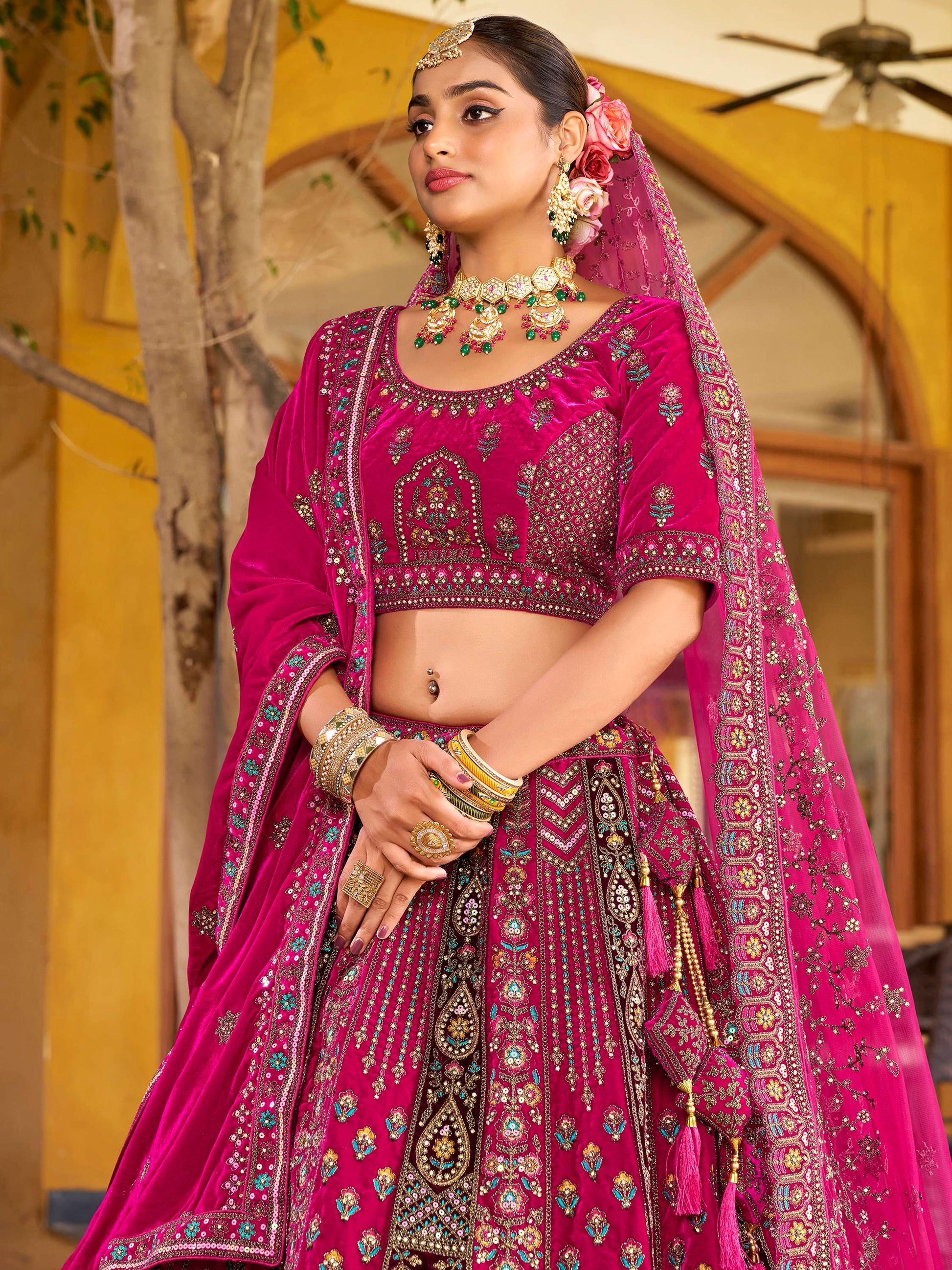 Amazing Rani Pink Floral Embroidery Velvet Bridal Lehenga Choli With Double Dupatta