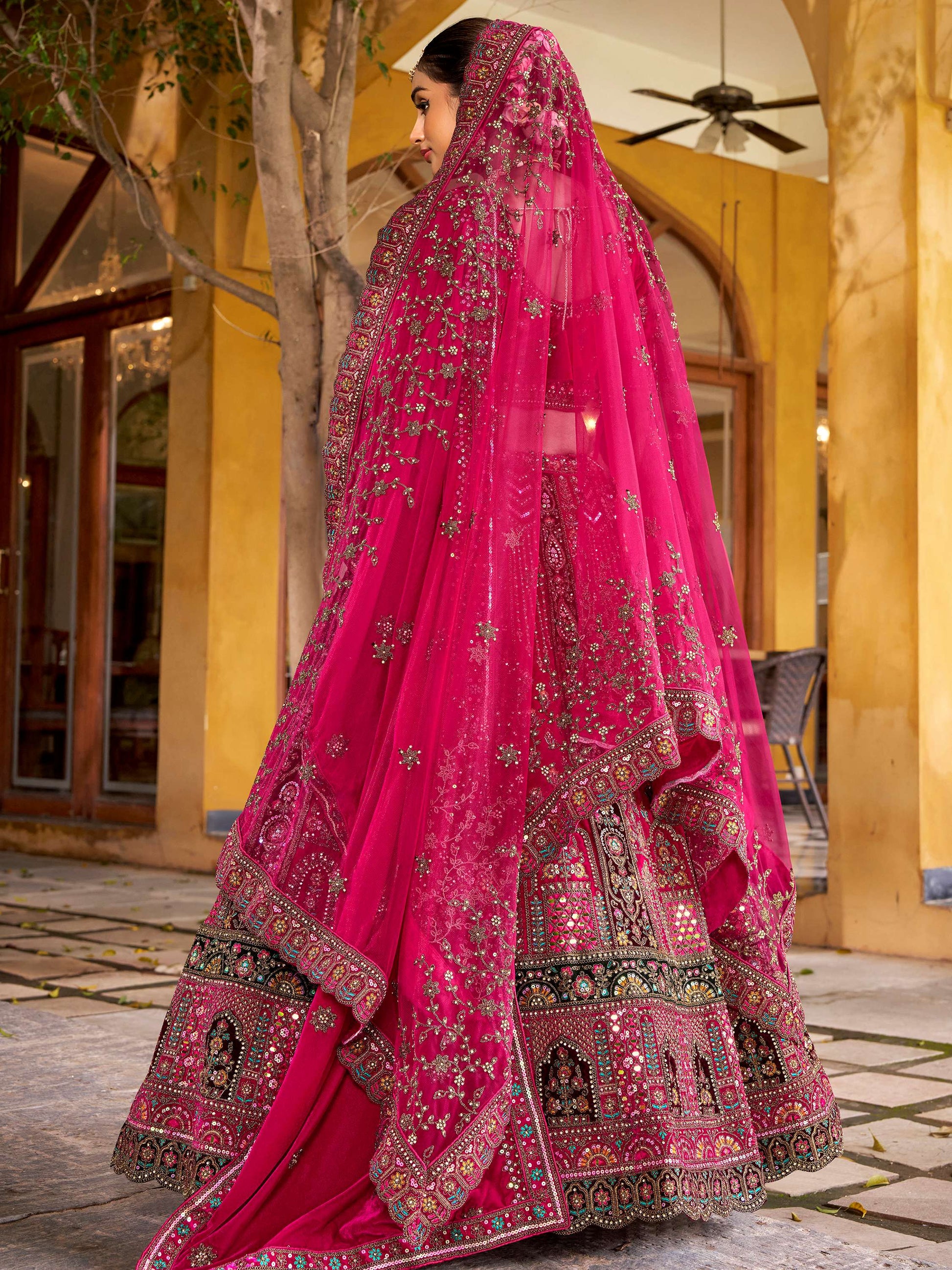 Amazing Rani Pink Floral Embroidery Velvet Bridal Lehenga Choli With Double Dupatta