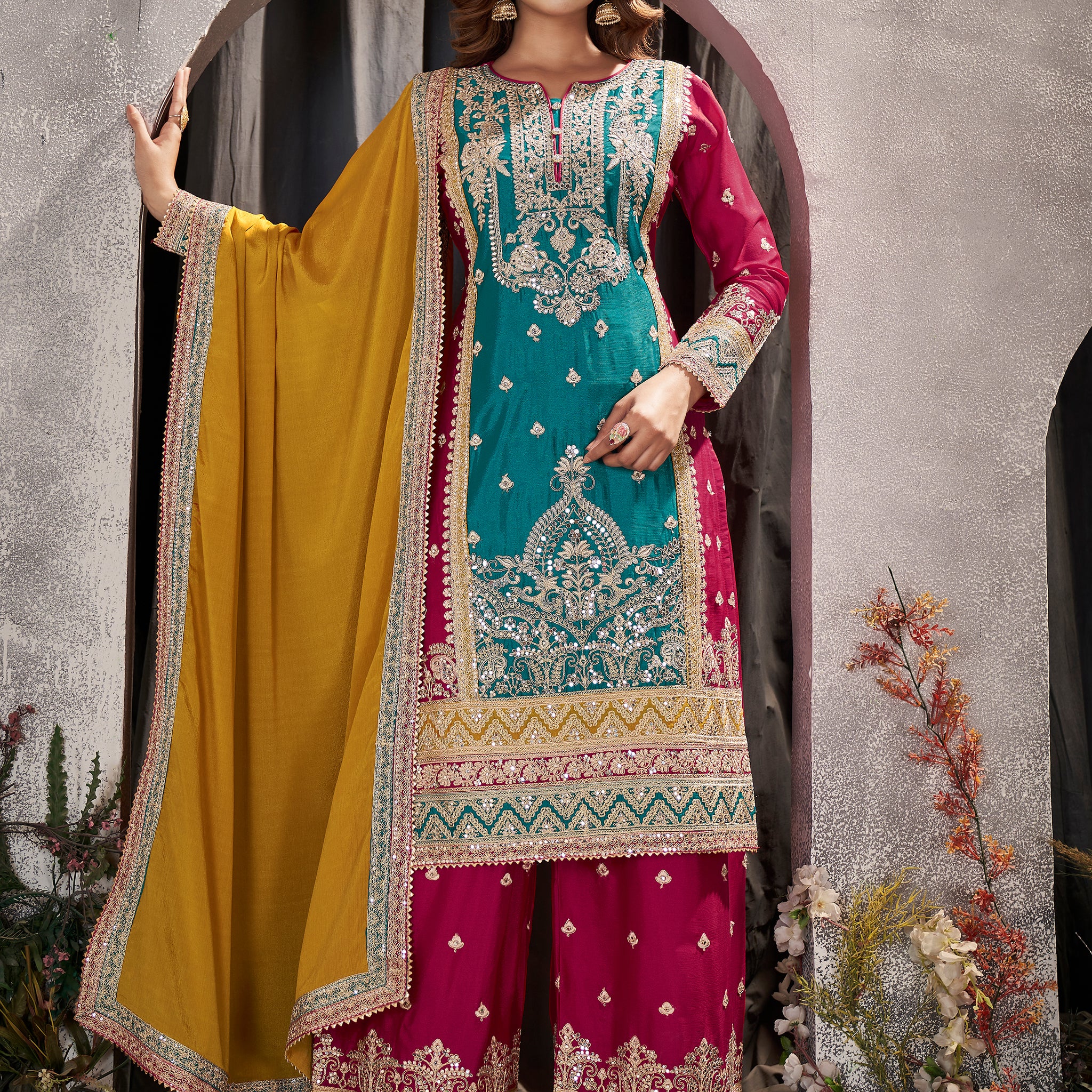 Attractive Blue & Pink Sequins Chinon Palazzo Suit With Dupatta