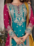 Attractive Blue & Pink Sequins Chinon Palazzo Suit With Dupatta