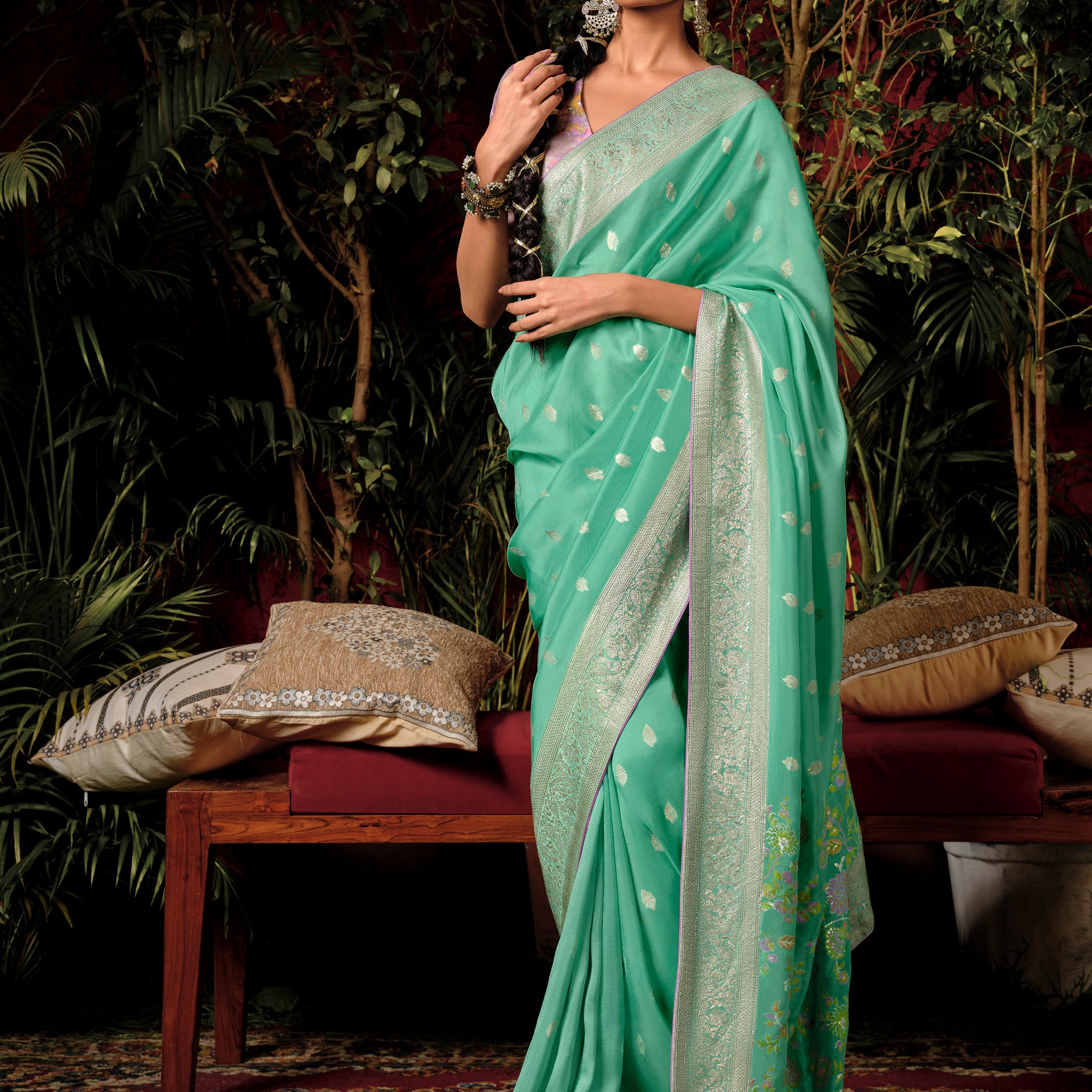 Alluring Sea Green Zari Weaving Silk Festive Wear Saree With Blouse