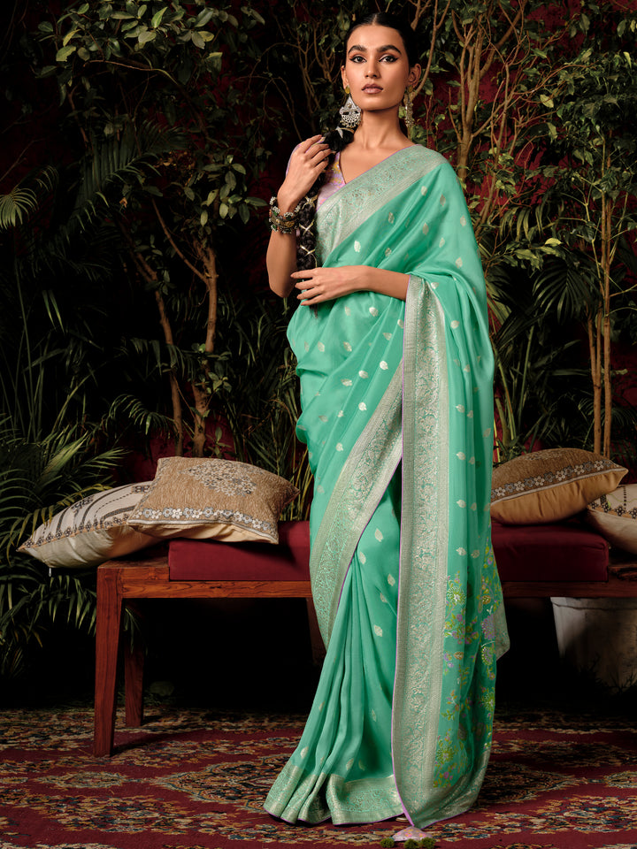 Alluring Sea Green Zari Weaving Silk Festive Wear Saree With Blouse